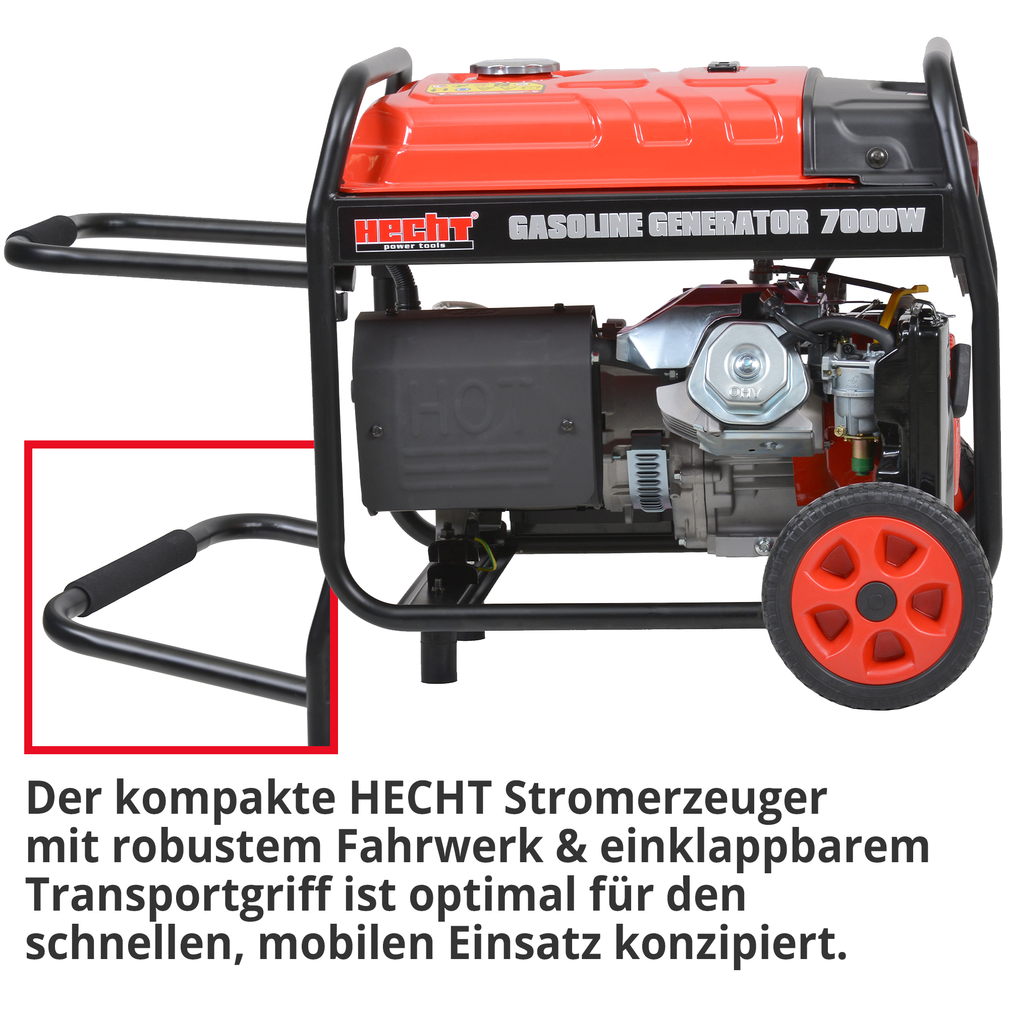Notstromaggregat Benzin; Der kompakte HECHT Stromerzeuger mit robustem Fahrwerk und einklappbarem Transportgriff ist optimal für den schnellen, mobilen Einsatz konzipiert