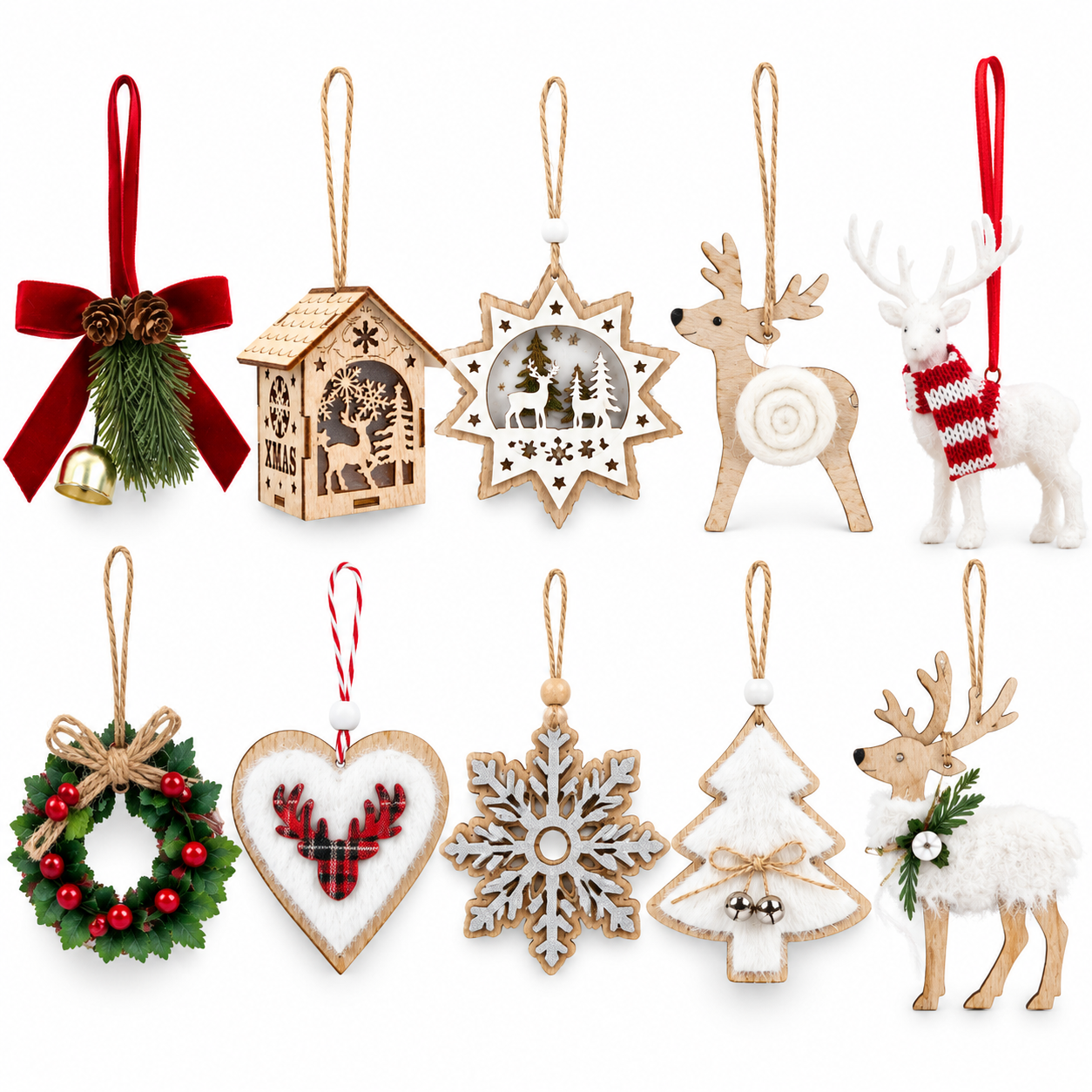 ONBEST Holzanhänger Set: Alle 10 Weihnachtsmotive freigestellt auf Weiß (Dieses Bild wurde mit Hilfe von KI generiert.)