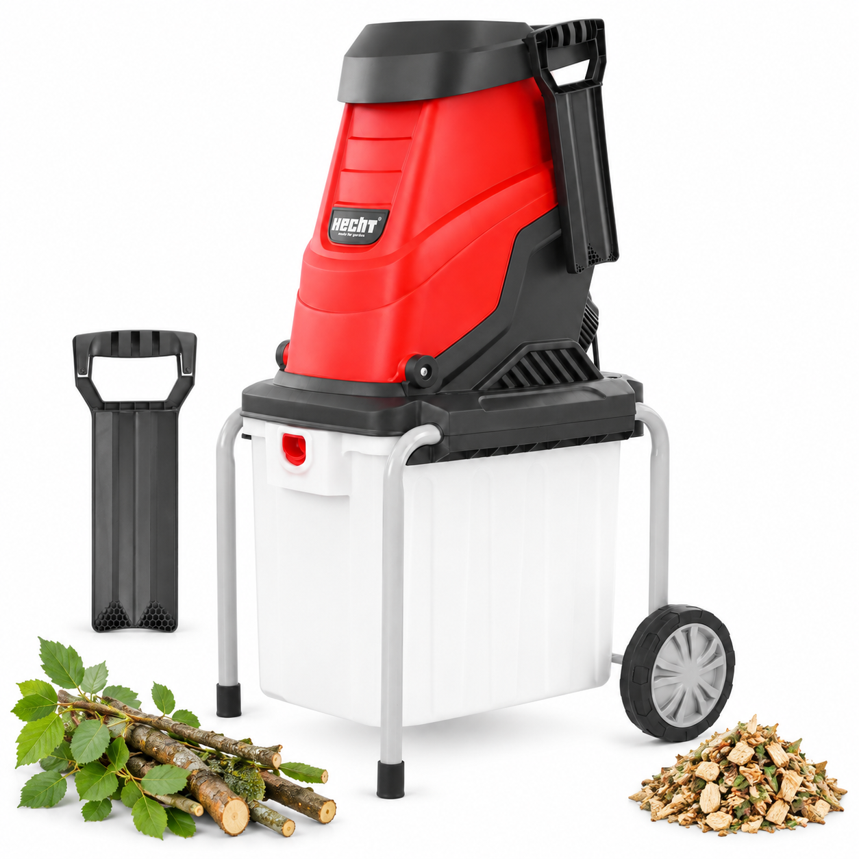 HECHT Elektro-Gartenhäcksler 630 Box mit Stopfer, Ästen und Mulch (Dieses Bild wurde mit Hilfe von KI generiert.)