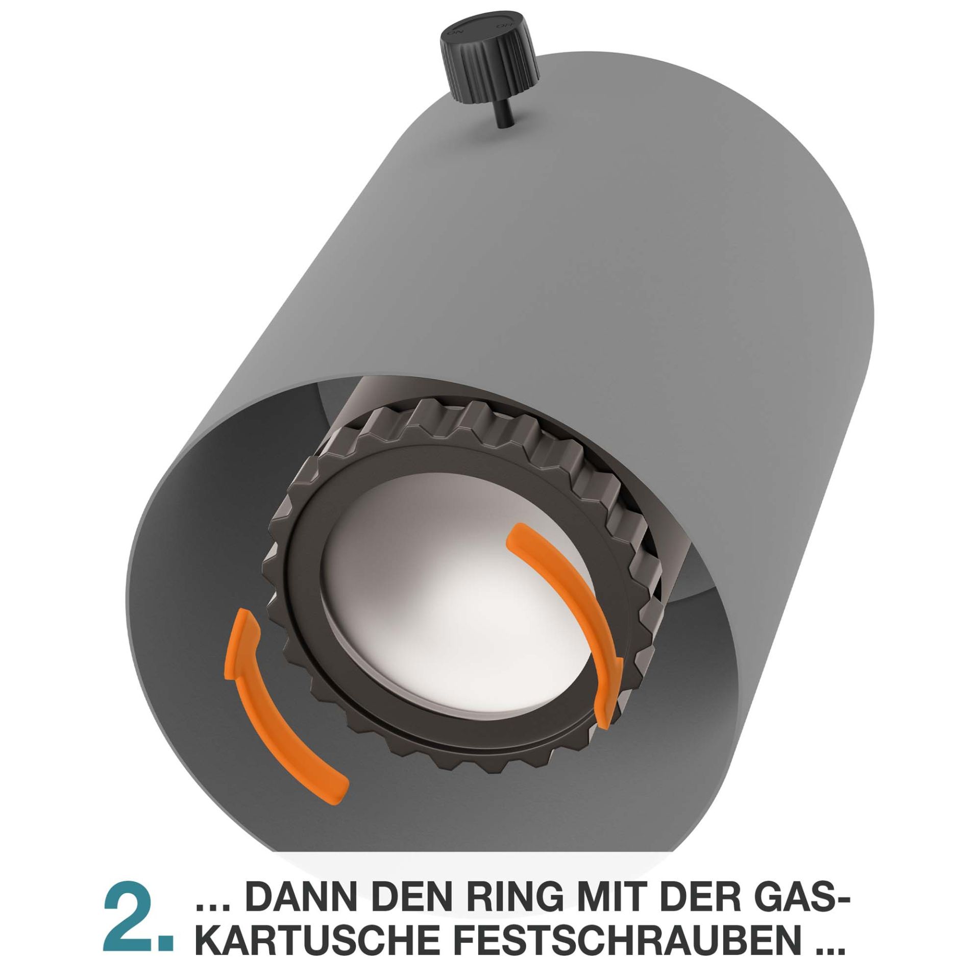 Tischkamin Gaskartusche verschrauben – Ring mit Patrone im Gehäuse festdrehen