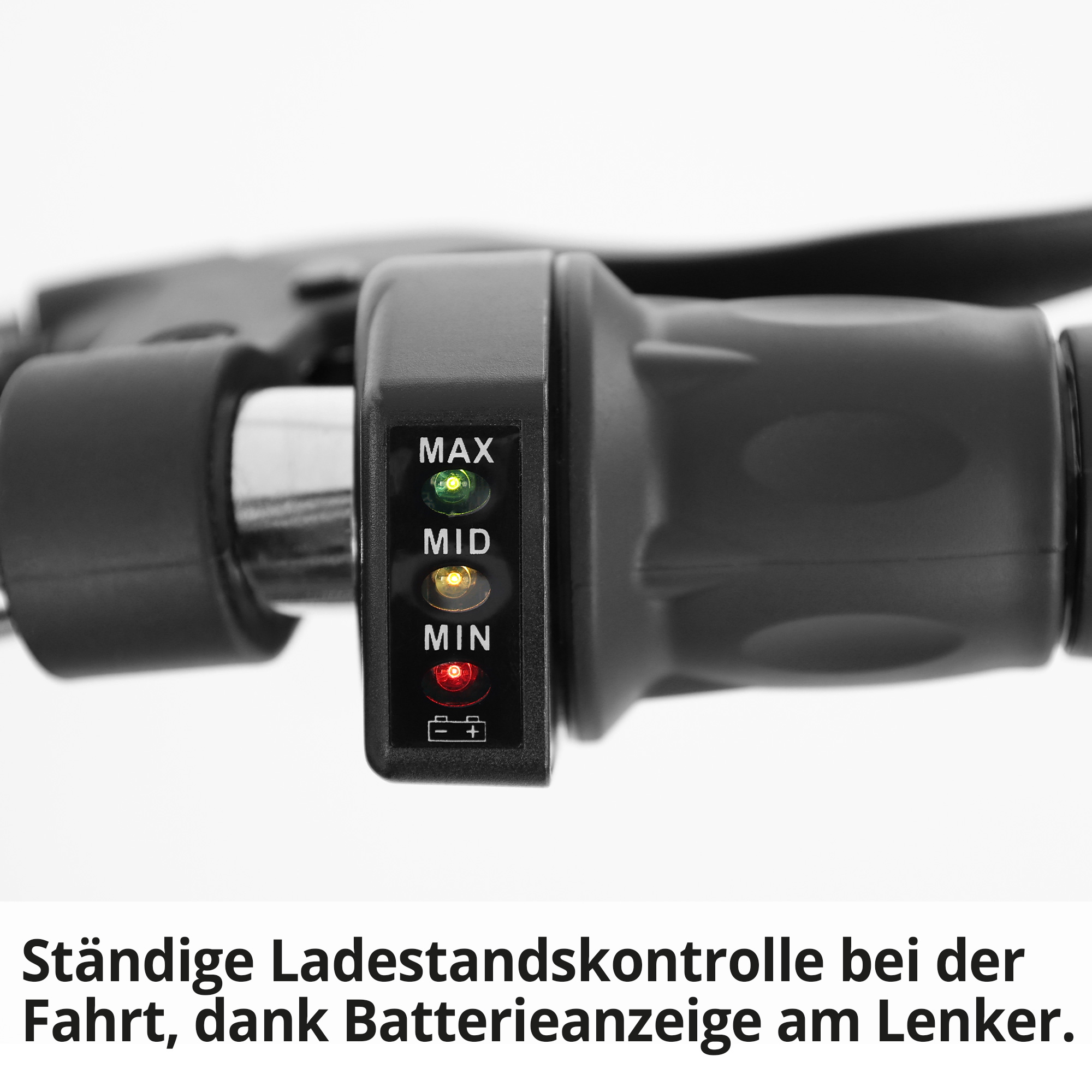 Batterieanzeige am Lenker für den Ladezustand des Elektro Pocketbikes