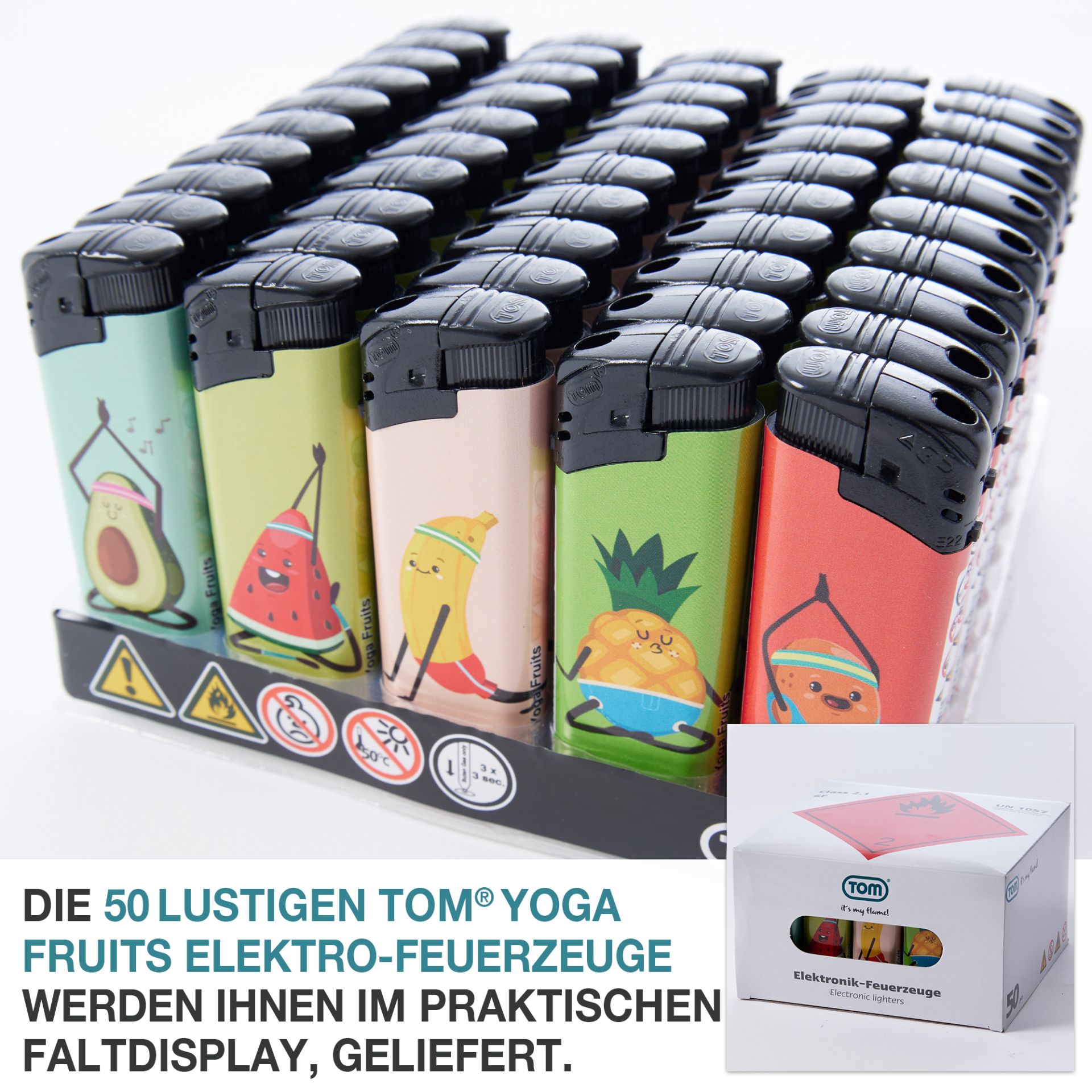TOM Elektronik Feuerzeug Yoga Fruits; 50 Stück im Faltdisplay enthalten TOM Elektronik Feuerzeug Yoga Fruits; 50 Stück im Faltdisplay enthalten
