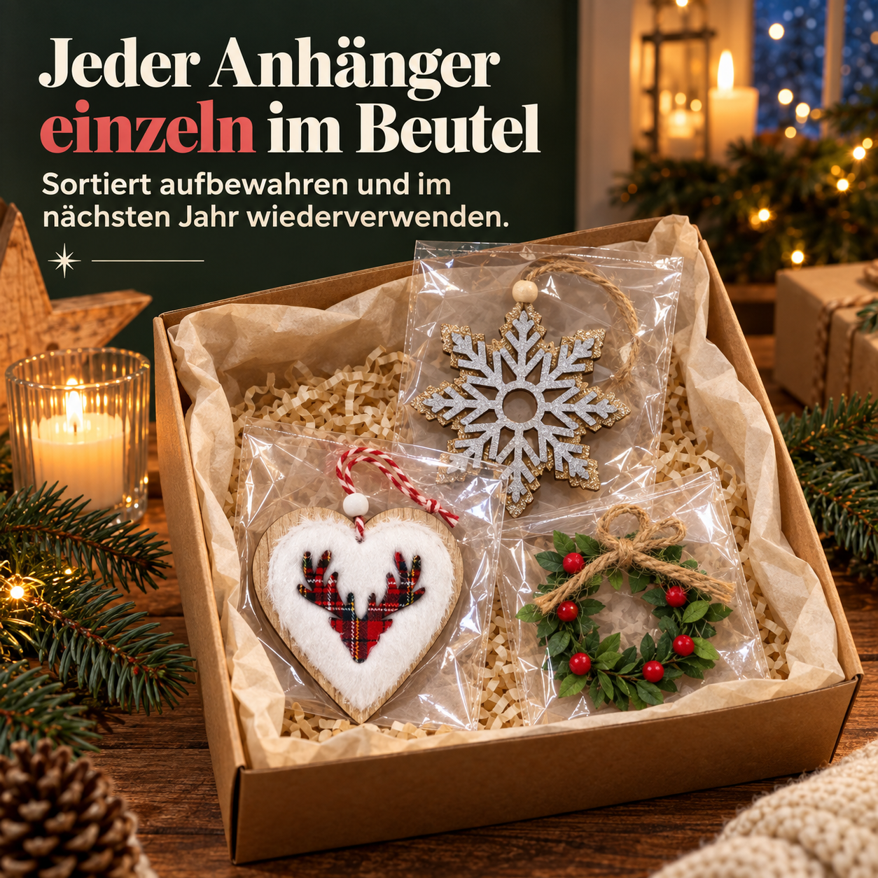 Baumschmuck Holz Set: Jeder Anhänger im Beutel einzeln verpackt (Dieses Bild wurde mit Hilfe von KI generiert.)