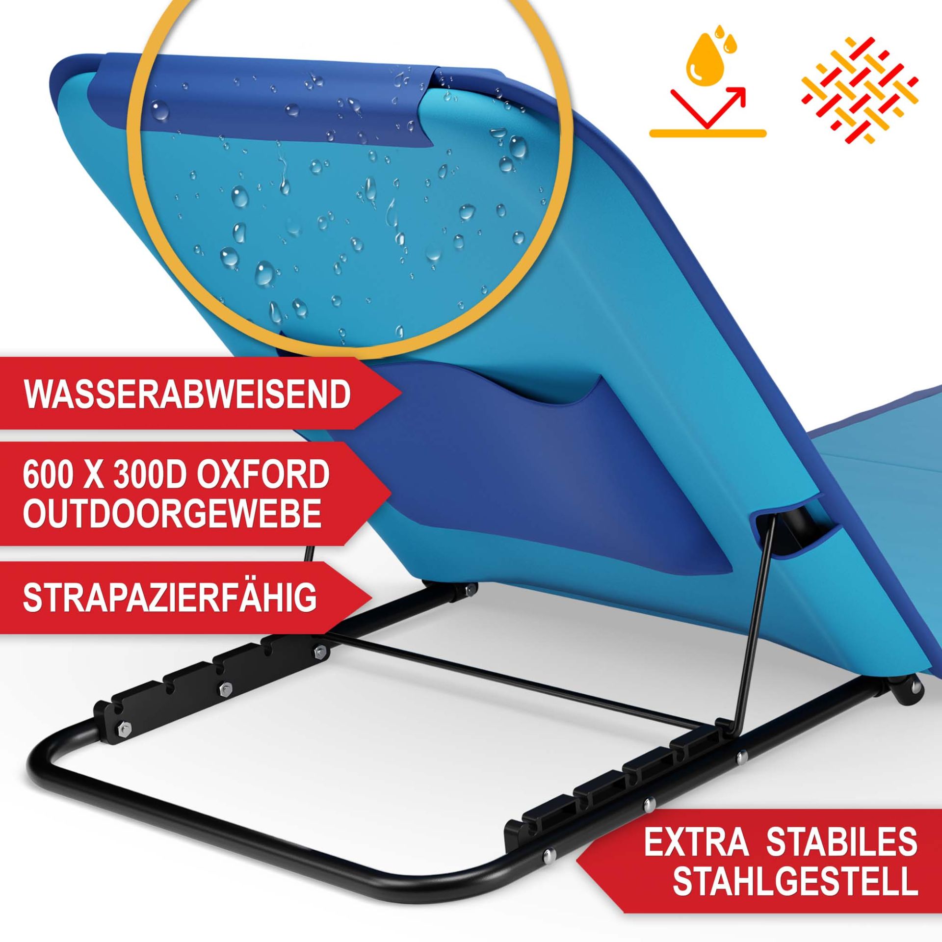 Strandliege blau - wasserabweisend, strapazierfähig, 600 mal 300D Oxford Outdoorgewebe, extra stabiles Stahlgestell