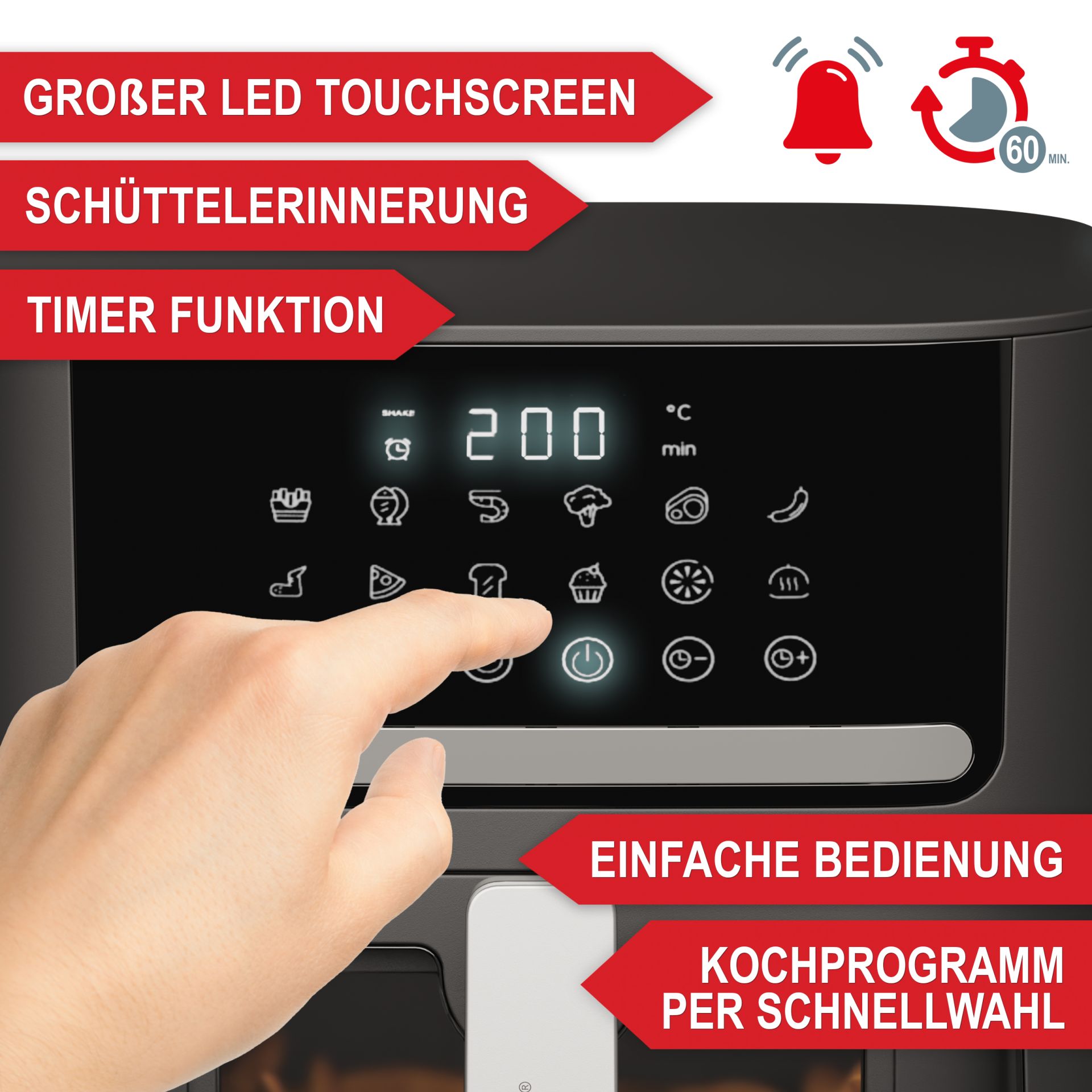 Heißluftfritteuse Airfryer - großes LED Touchscreen; Schüttelerinnerung; Timer Funktion; einfache Bedienung; Kochprogramm per Schnellwahl
