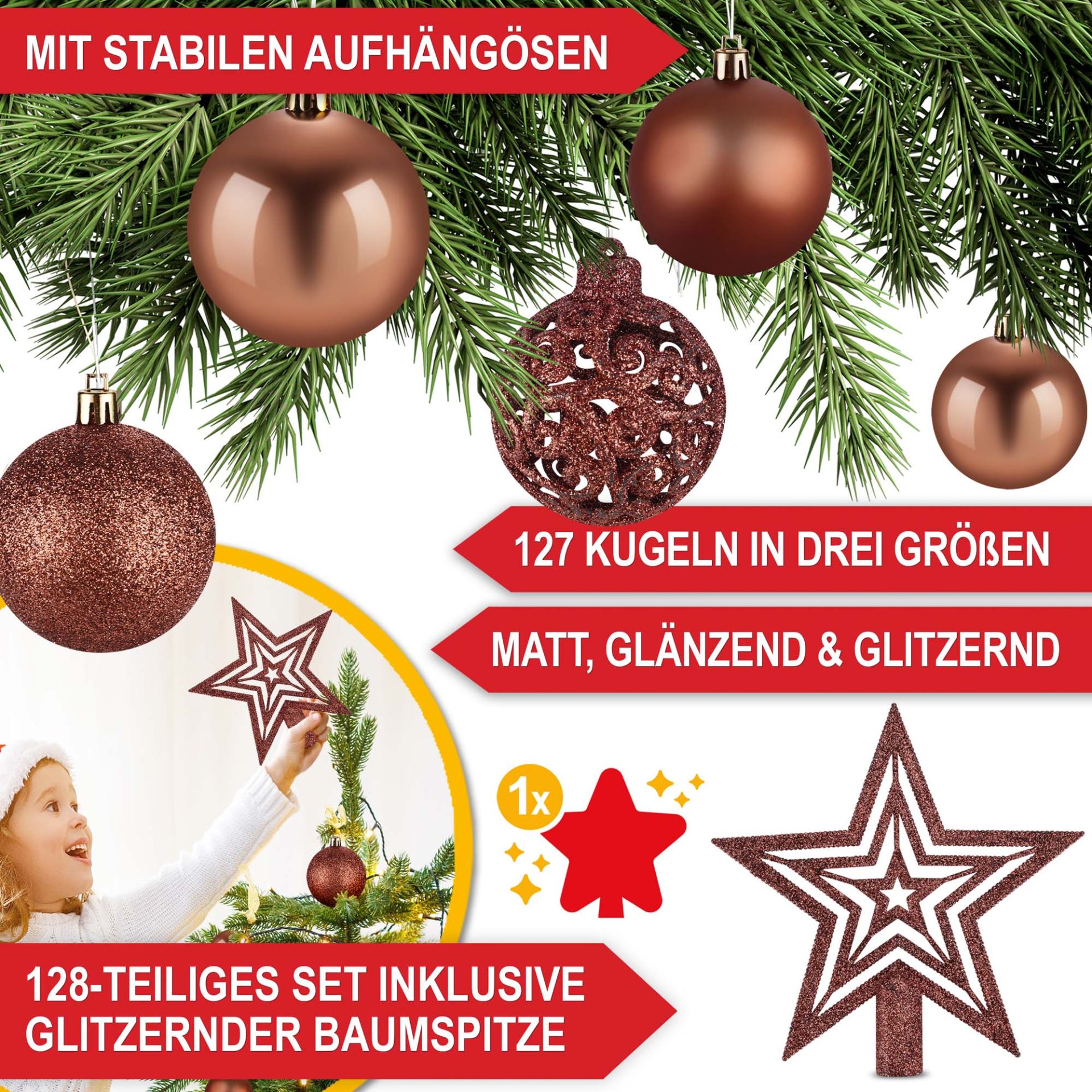 Weihnachtskugeln braun - Stabile Aufhängösen, 127 Kugeln in 3 Größen, matt, glänzend, glitzernd, inklusive Baumspitze
