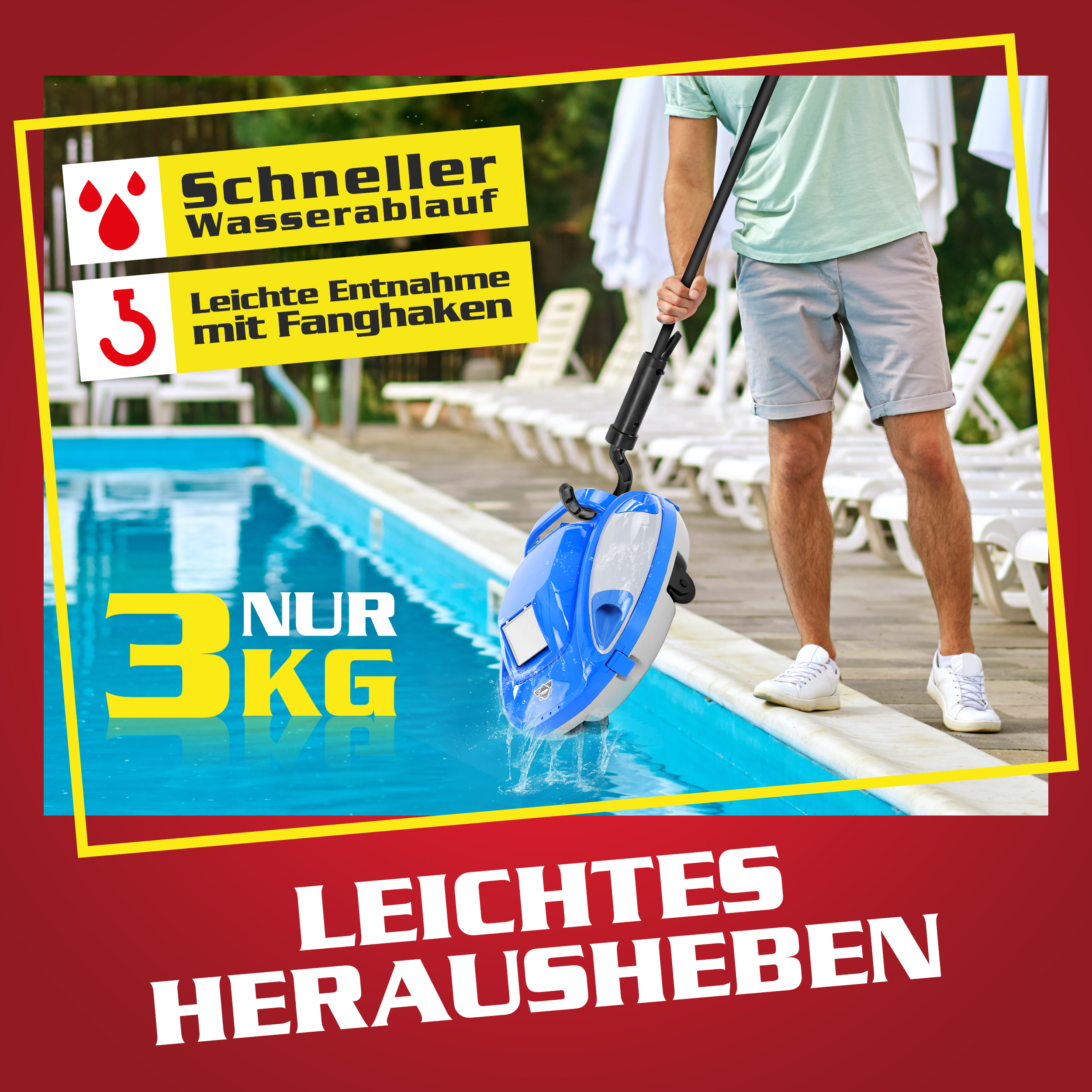 Poolreinigungsroboter nur 3 kg leicht, mit Fanghaken einfach entnehmbar
