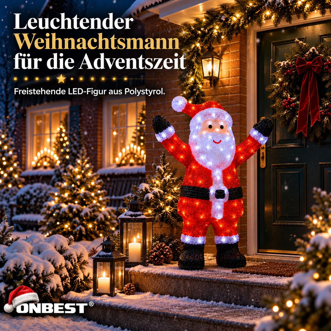 ONBEST LED Weihnachtsmann: Freistehende Leuchtfigur aus Polystyrol für außen (Dieses Bild wurde mit Hilfe von KI generiert.)