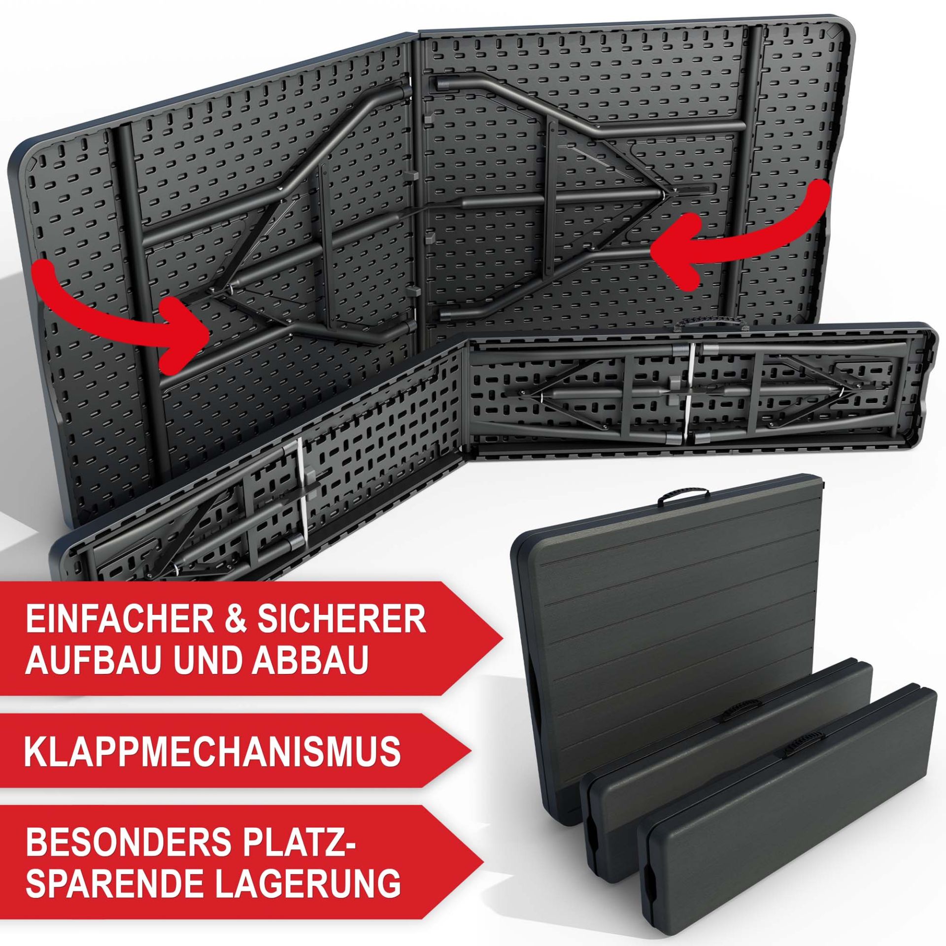 Bierzeltgarnitur Woody - Einfacher und sicherer Aufbau und Abbau, Klappmechanismus, besonders platzsparende Lagerung