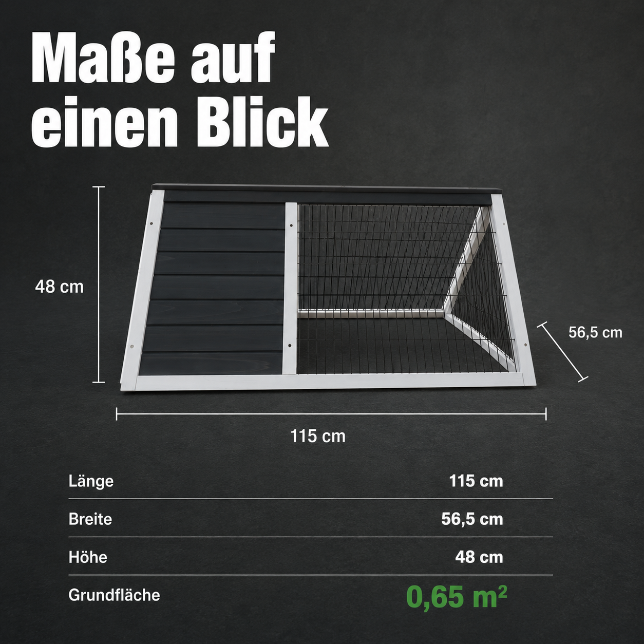 Technische Maße vom Hasenstall: 115x56,5x48 cm mit 0,65 qm Grundfläche