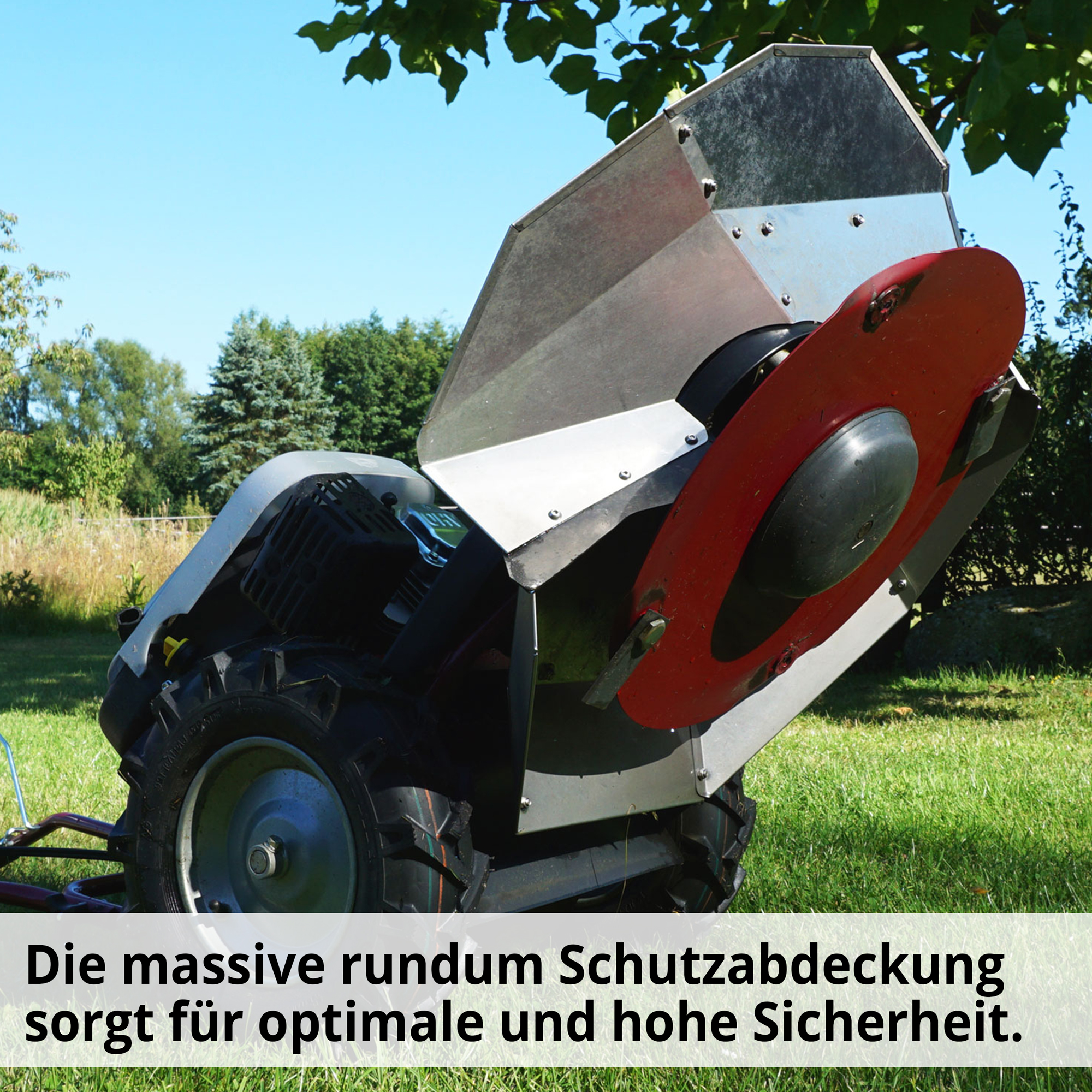 Hecht Benzin-Kreiselmäher mit robuster Abdeckung für maximale Sicherheit
