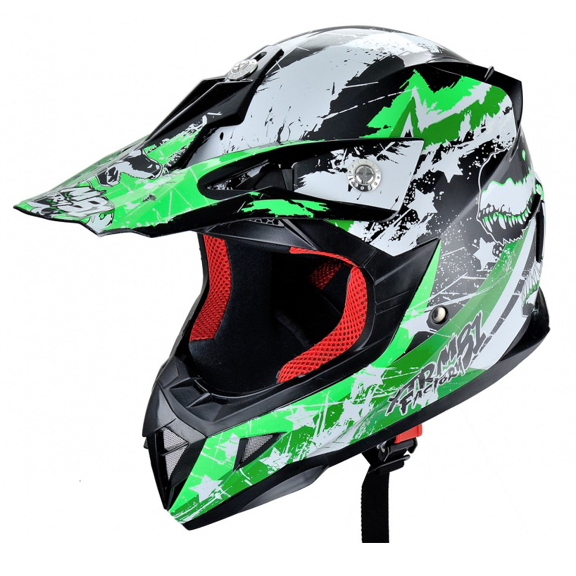 Motocrosshelm Kinder grün mit Sternen-Print, Kinnschutz und rotem Innenfutter