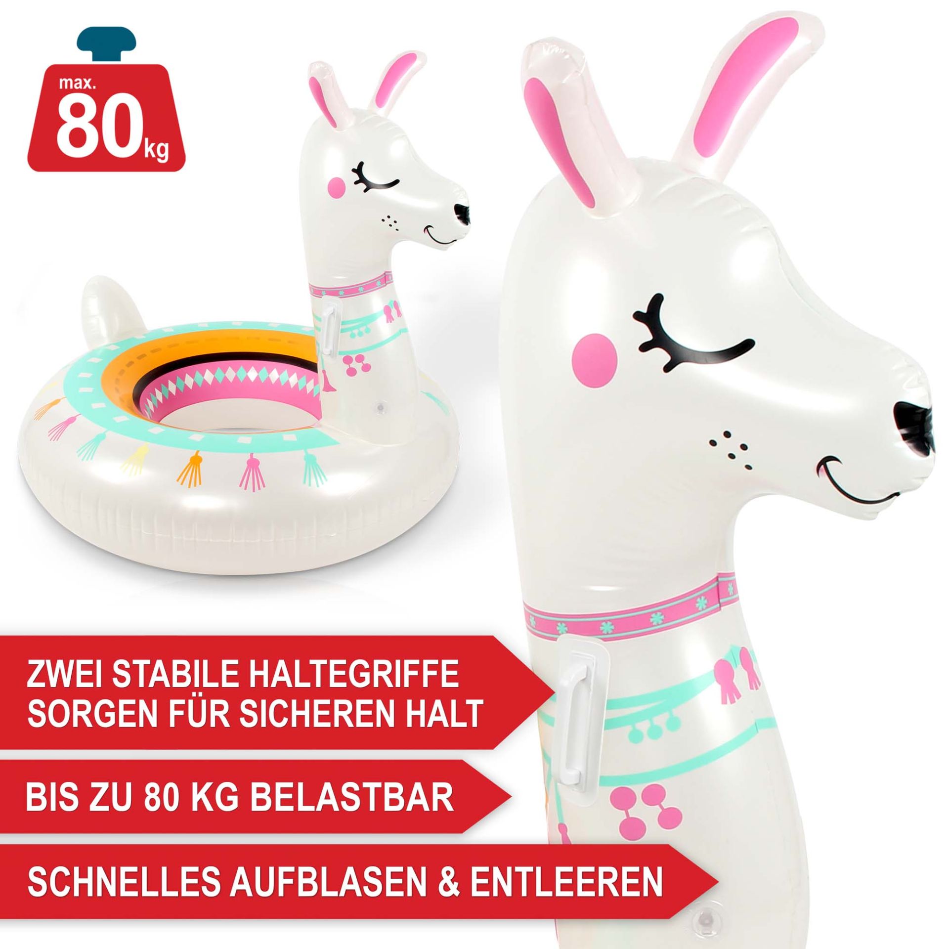 Schwimmtier Lama - Zwei stabile Haltegriffe sorgen für sicheren Halt, schwer Belastbar, schnelles aufblasen und entleeren