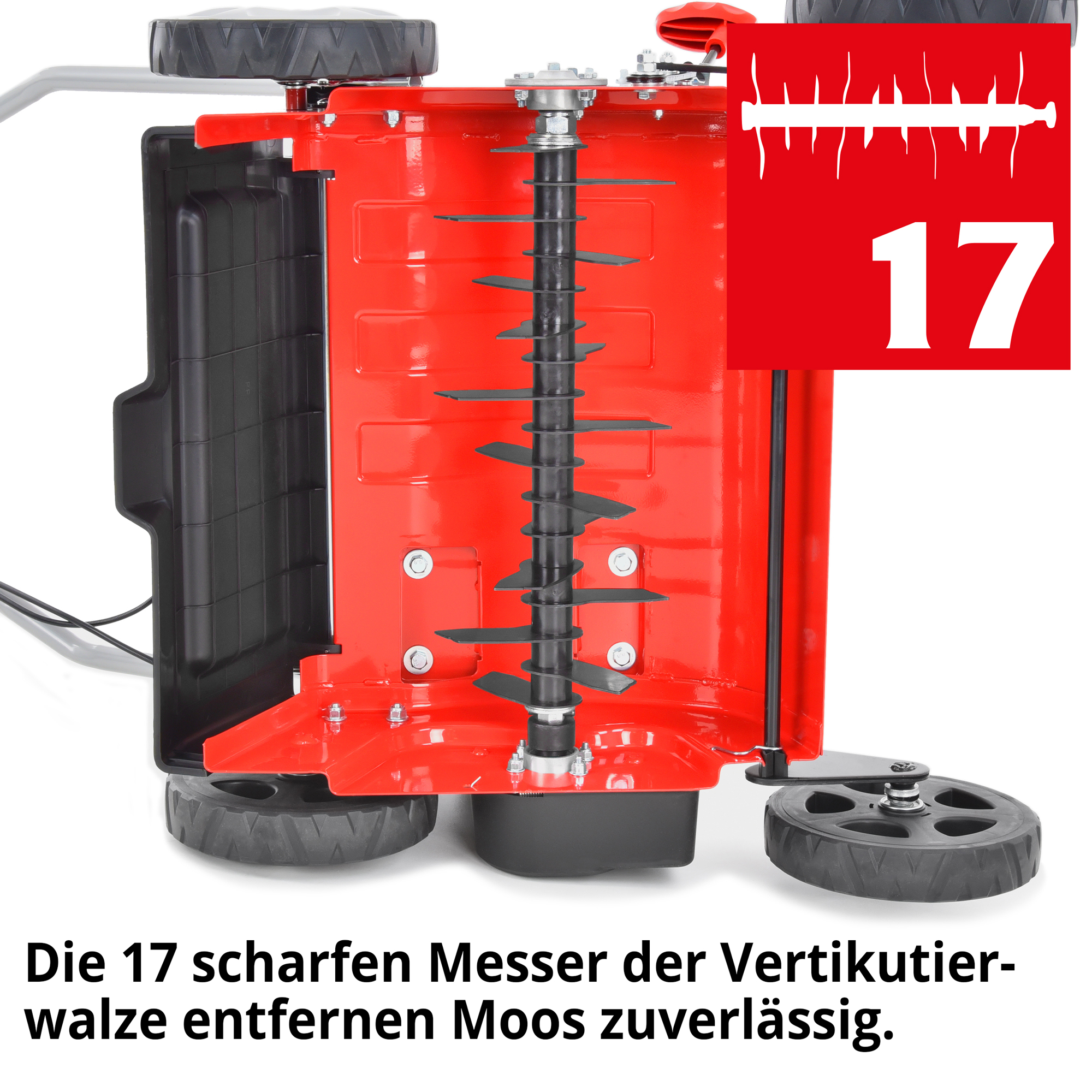 Vertikutierer; Die 17 scharfen Messer der Vertikutierwalze entfernen Moos zuverlässig Vertikutierer; Die 17 scharfen Messer der Vertikutierwalze entfernen Moos zuverlässig