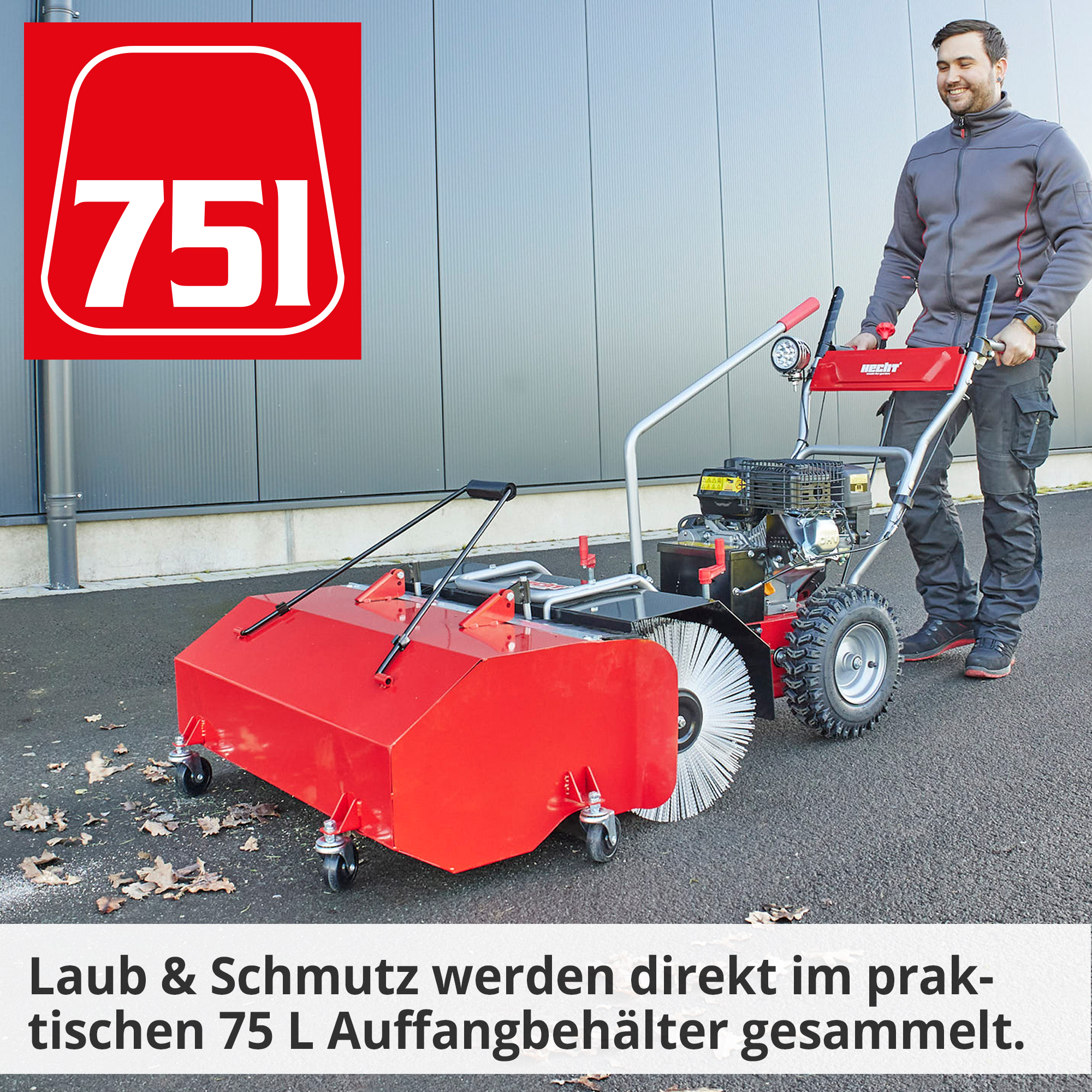Auffangbehälter HECHT 008680 B im Einsatz mit der HECHT 8680 SE Kehrmaschine