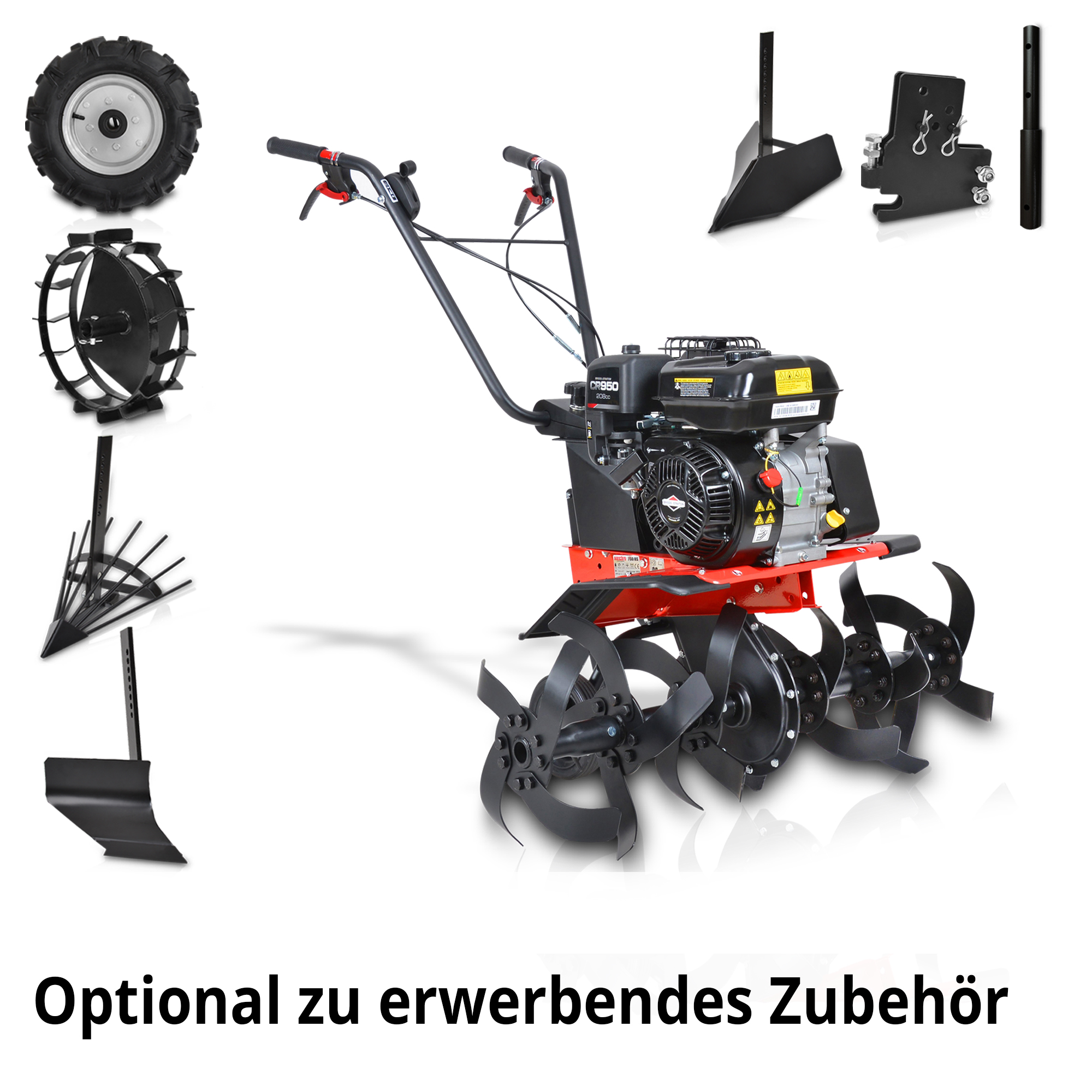 Gartenhacke; optional zu erwerbendes Zubehör wie verschiedene Pflüge