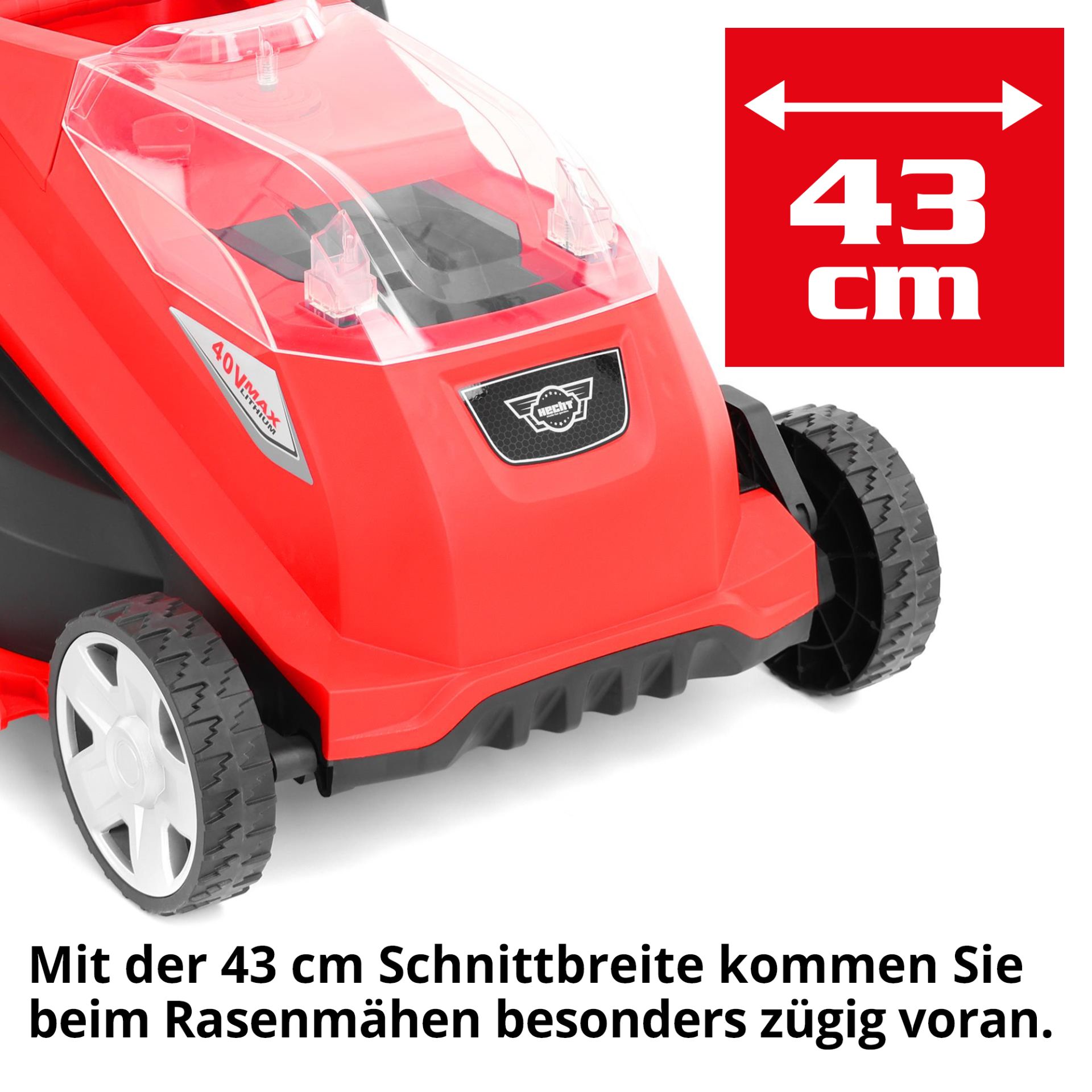 Akku-Rasenmäher mit 43 cm Schnittbreite für schnelles vorankommen 