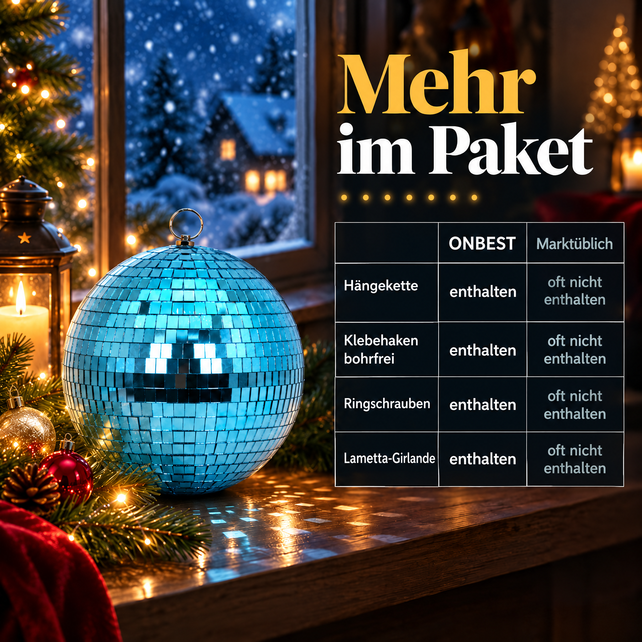 Mehr im Paket: ONBEST Discokugel inklusive Hängekette, Klebehaken, Ringschraube und Lametta-Girlande im Vergleich zu marktüblichen Produkten (Dieses Bild wurde mit Hilfe von KI generiert.)