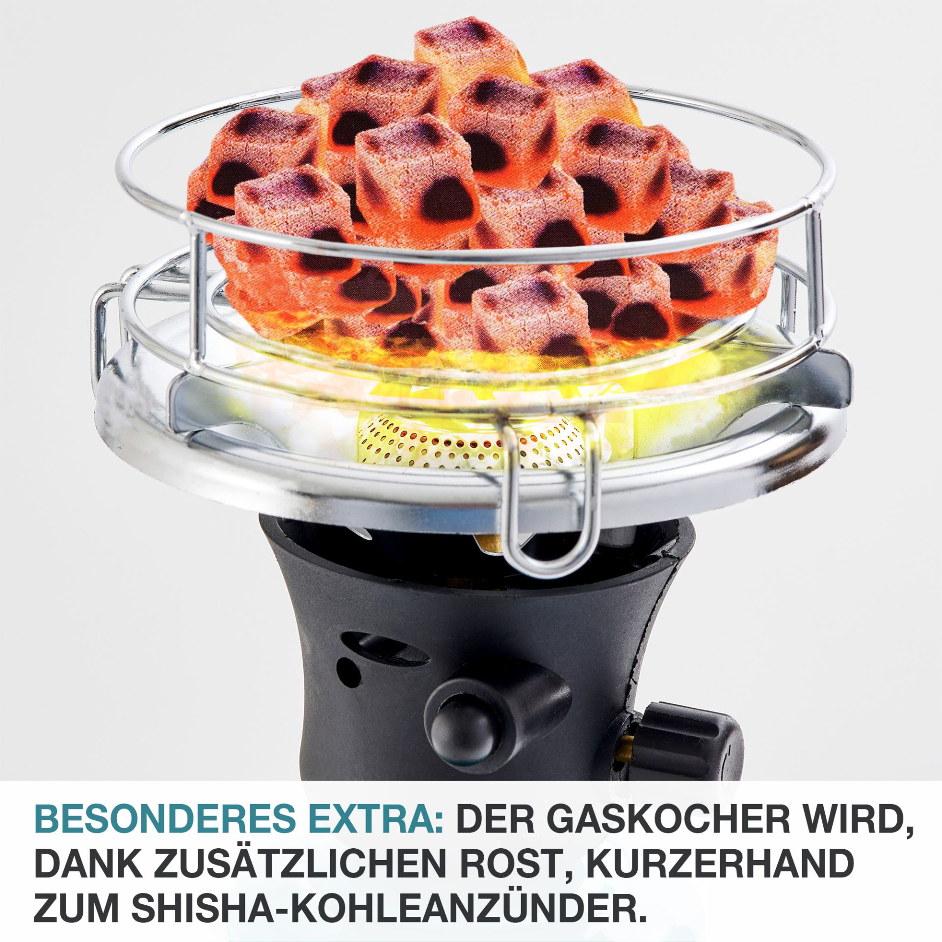 TOM GK-190 Gaskocher kann dank zusätzlichem Rost als Shisha-Kohleanzünder genutzt werden