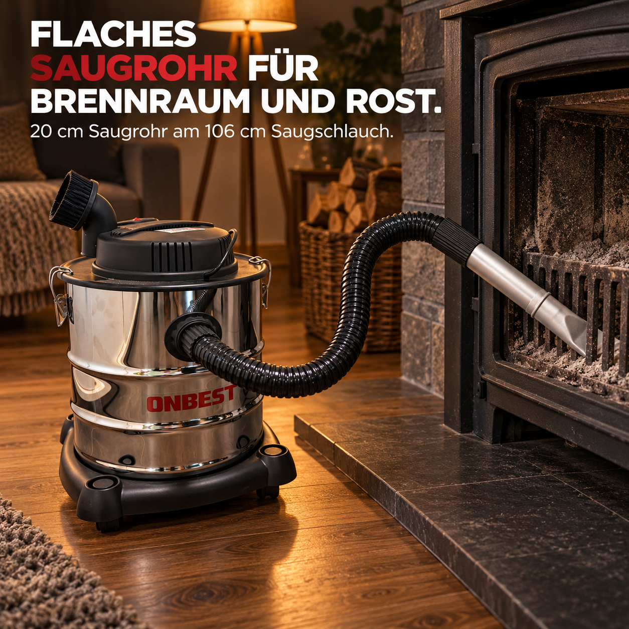 ONBEST Aschesauger mit flachem 20 cm Saugrohr für den Brennraum (Dieses Bild wurde mit Hilfe von KI generiert.)
