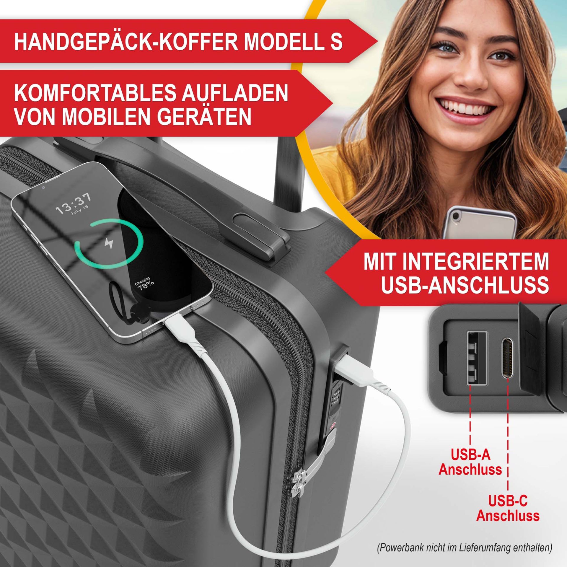Kofferset ONBEST Handgepäck mit USB-A und USB-C Anschluss zum Laden von Handy & Tablet unterwegs