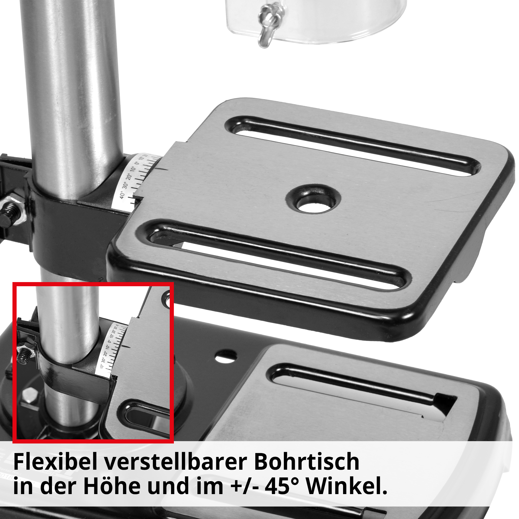 HECHT 1055 Standbohrmaschine; Flexibel verstellbarer Bohrtisch in der Höhe und im +/- 45 Grad Winkel