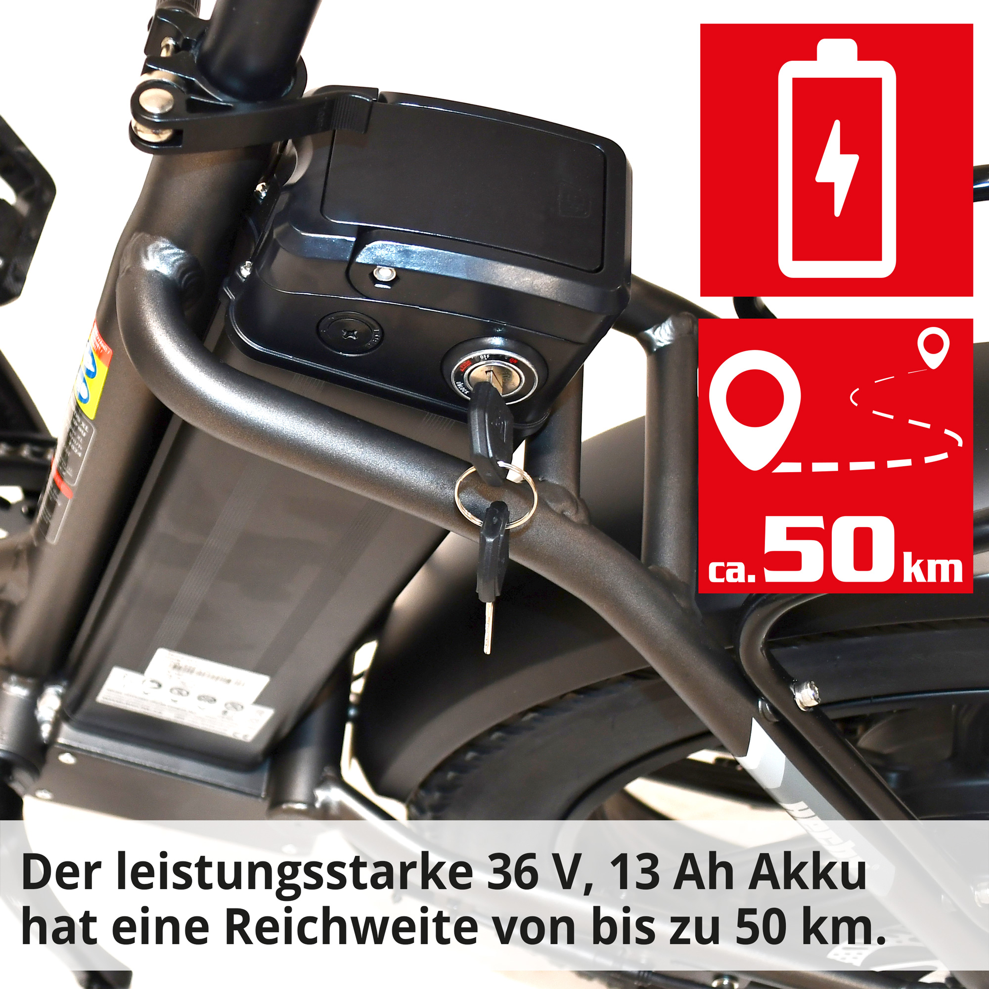 Elektro Klapprad; Der leistungsstarke Akku hat eine Reichweite von bis zu 50 Kilometern