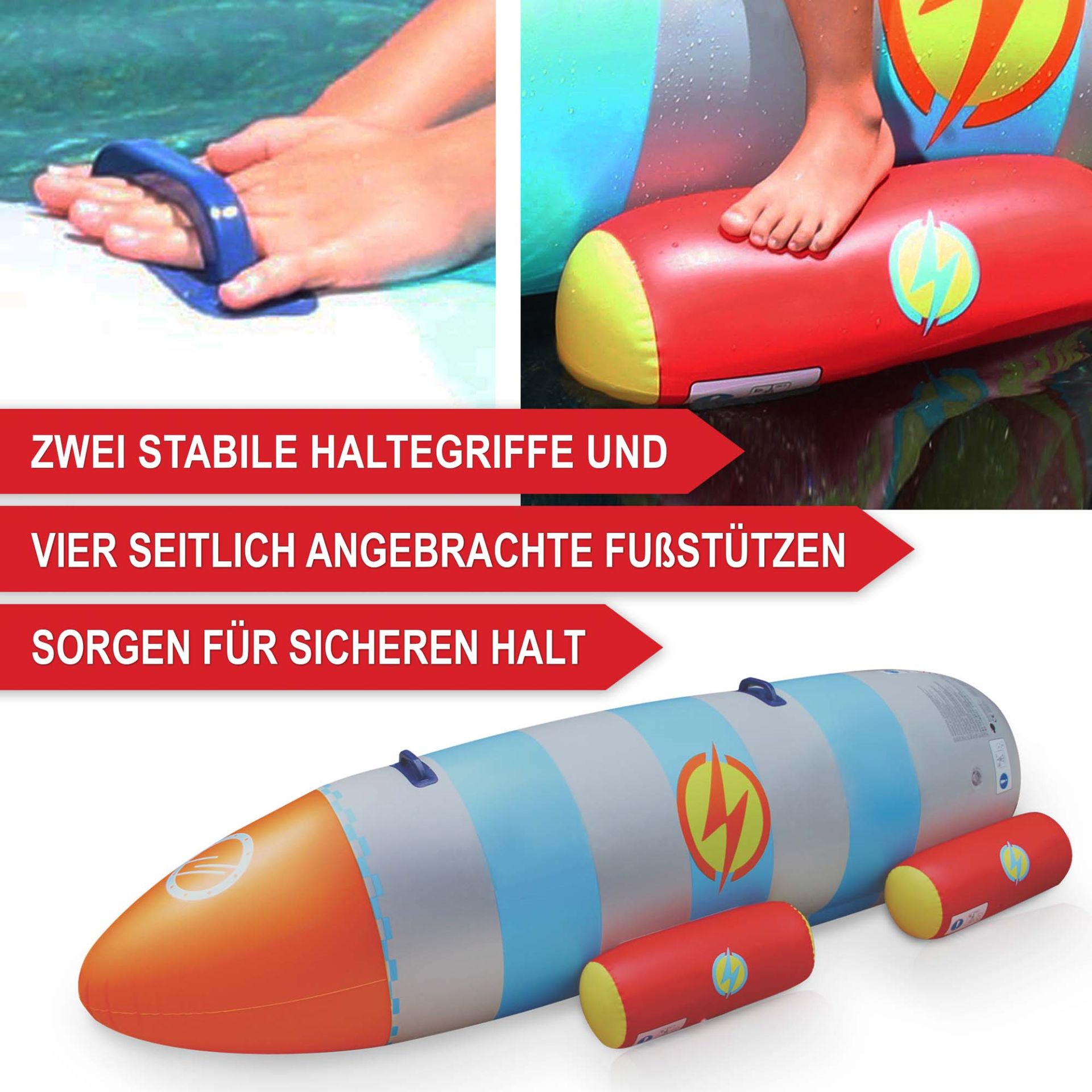 Bananenboot Rakete - 2 stabile Haltegriffe und 4 seitlich angebrachte Fußstützen sorgen für sicheren Halt