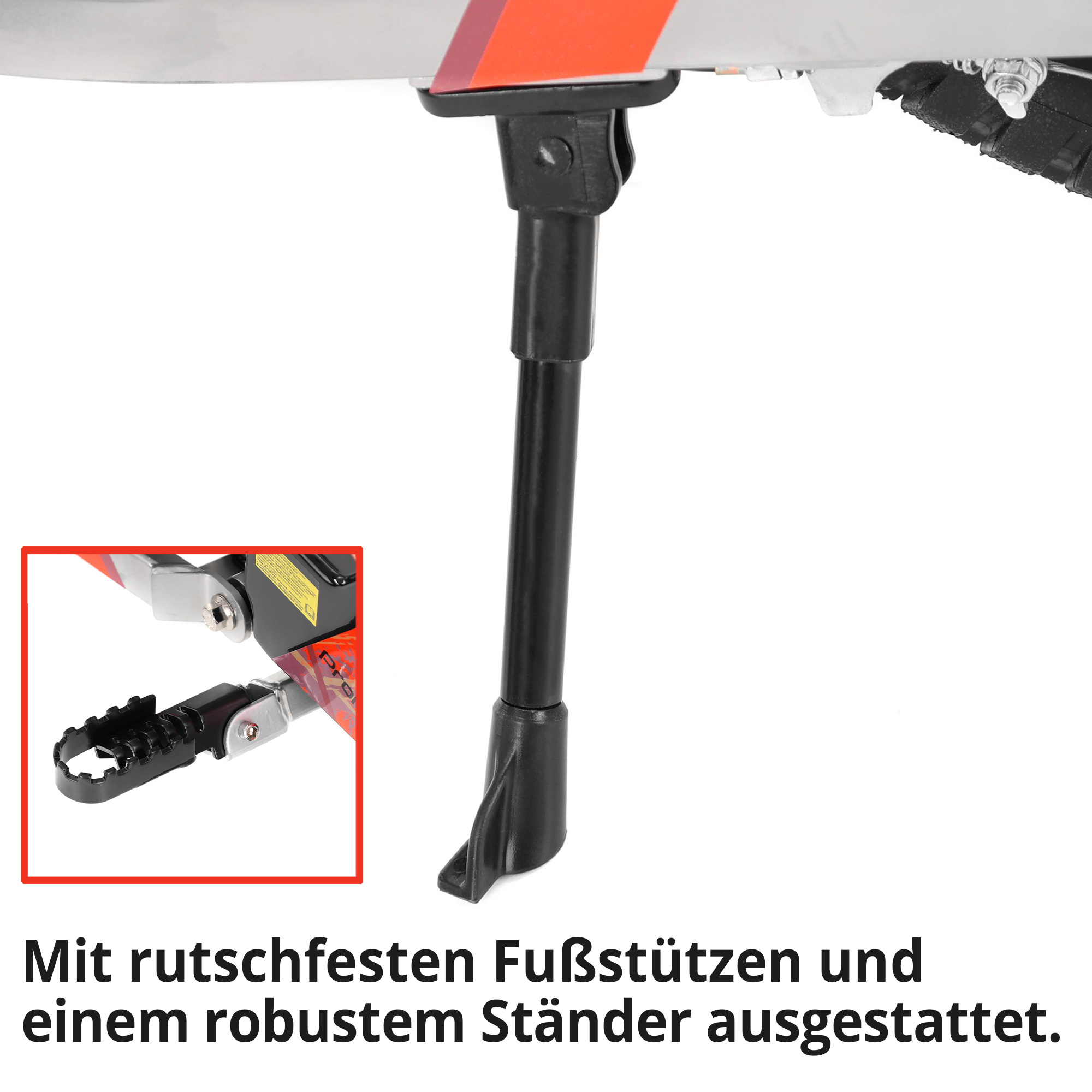 Red Pocketbike mit rutschfesten Fußstützen und einem robustem Ständer