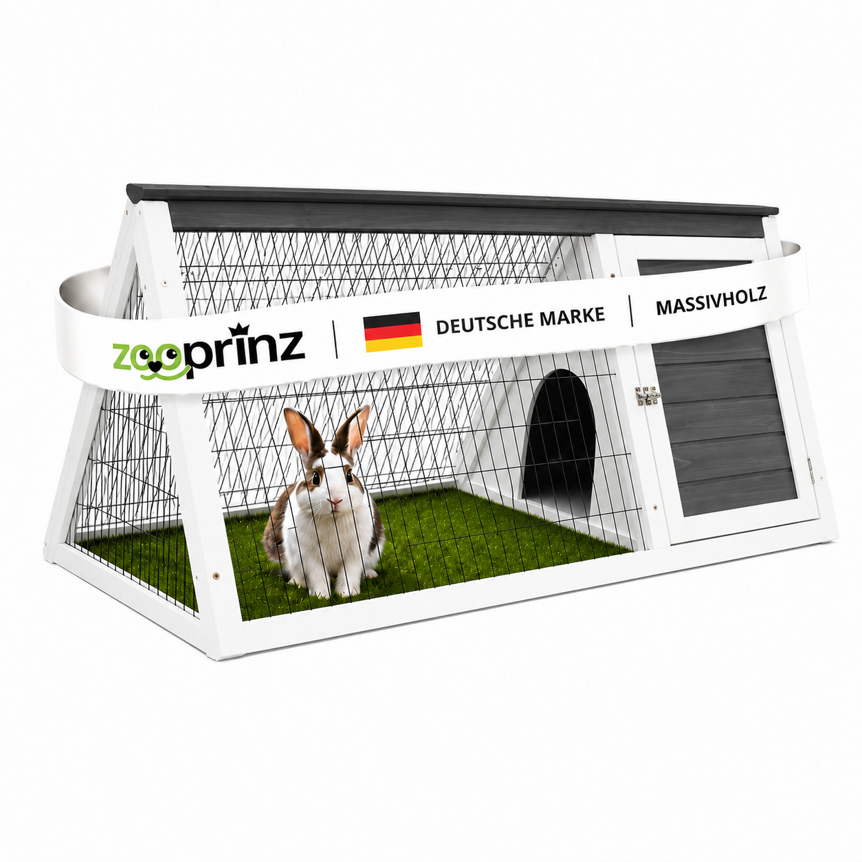 zooprinz Hasenstall aus Massivholz mit Kaninchen auf weißem Hintergrund