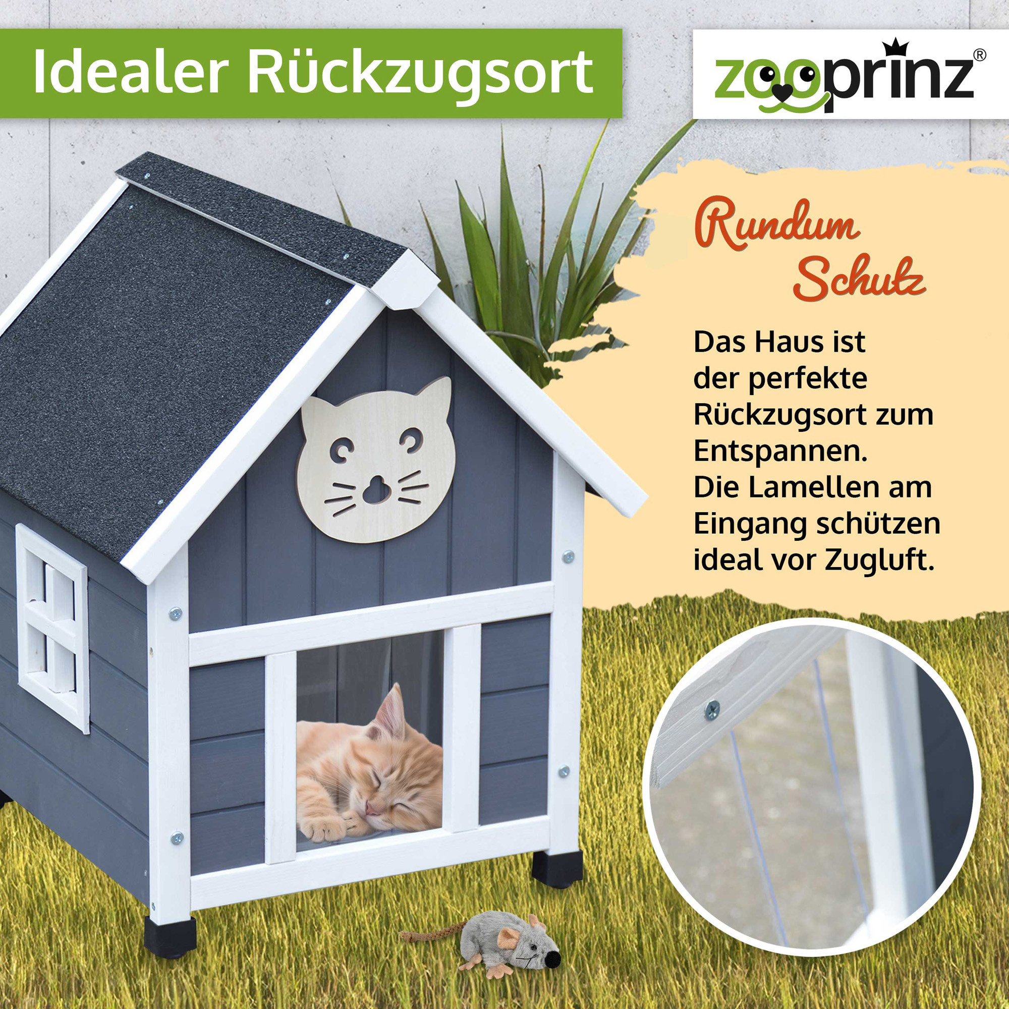 Katzenhaus Tiger; Geschützter Eingang mit klaren Lamellen