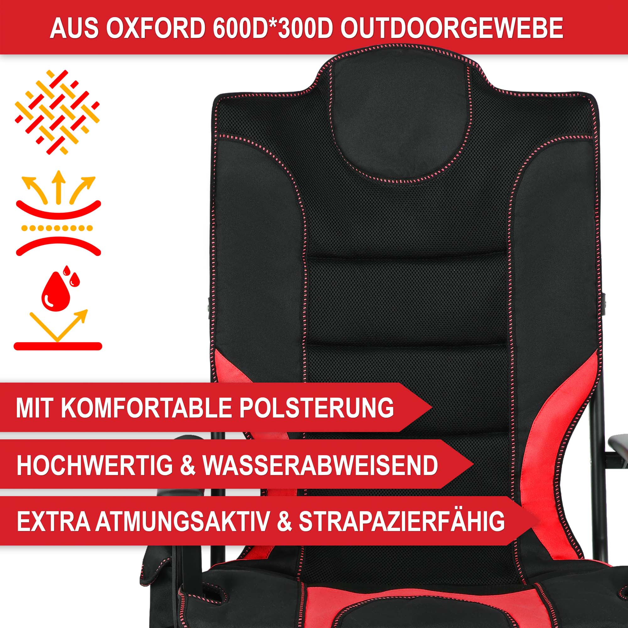 Campingstuhl schwarz/rot - Mit komfortabler Polsterung, hochwertig und wasserabweisend, extra atmungsakitv und strapazierfähig