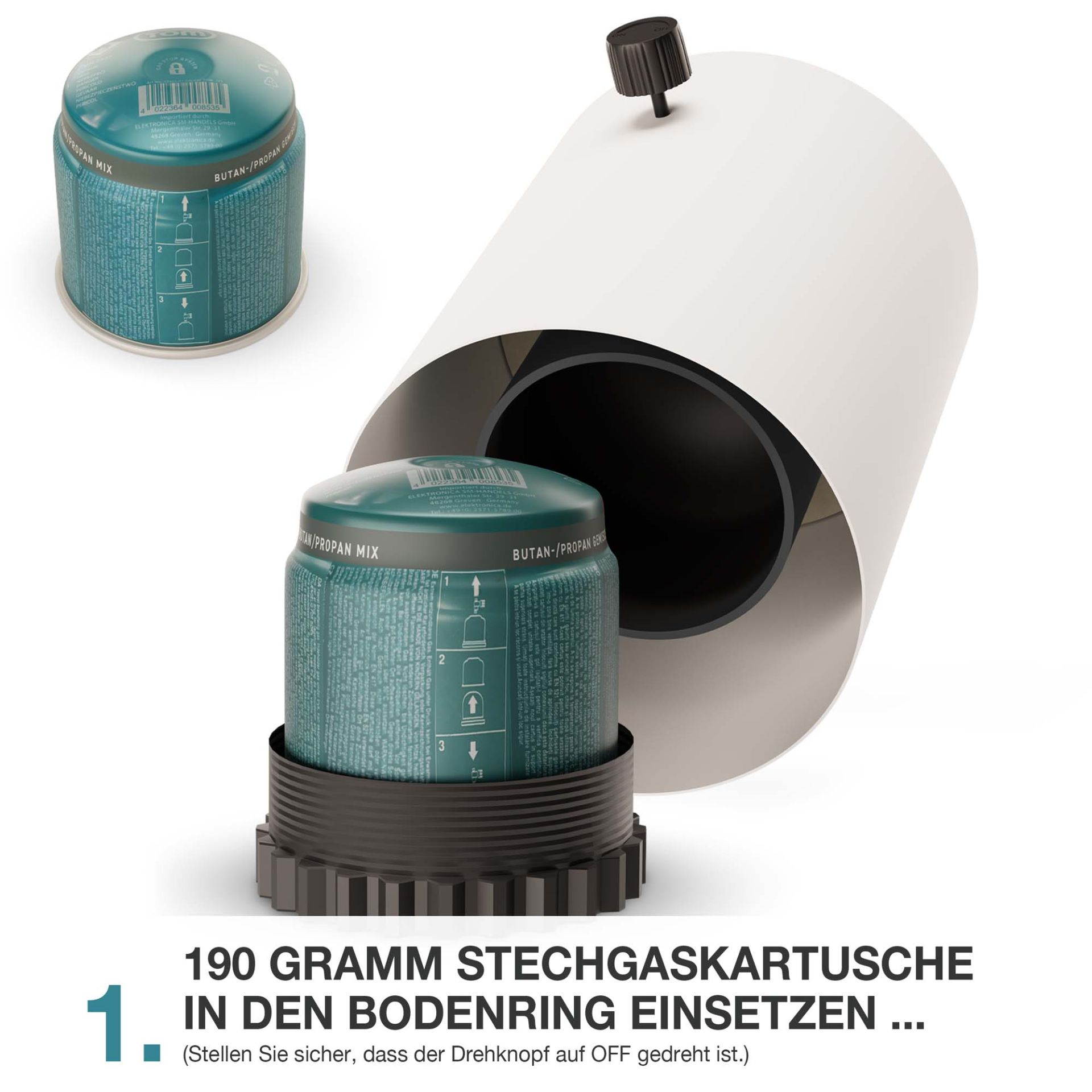 Tischkamin Einsatzanleitung Schritt 1: Stechgaskartusche richtig einsetzen und sichern