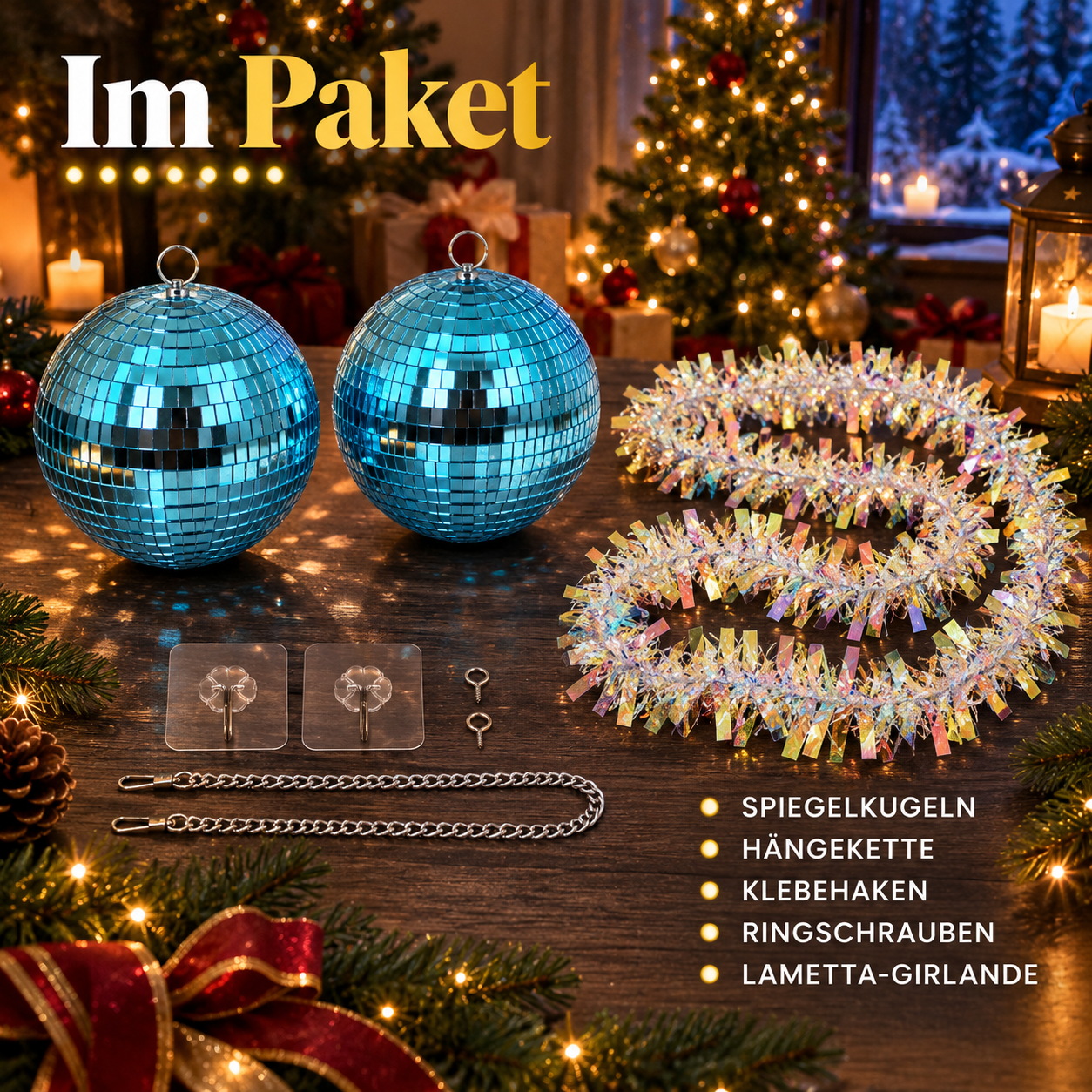 Hellblaues Disco-Kugel Set: Paketinhalt mit 2 Kugeln, Ketten und Lametta (Dieses Bild wurde mit Hilfe von KI generiert.)