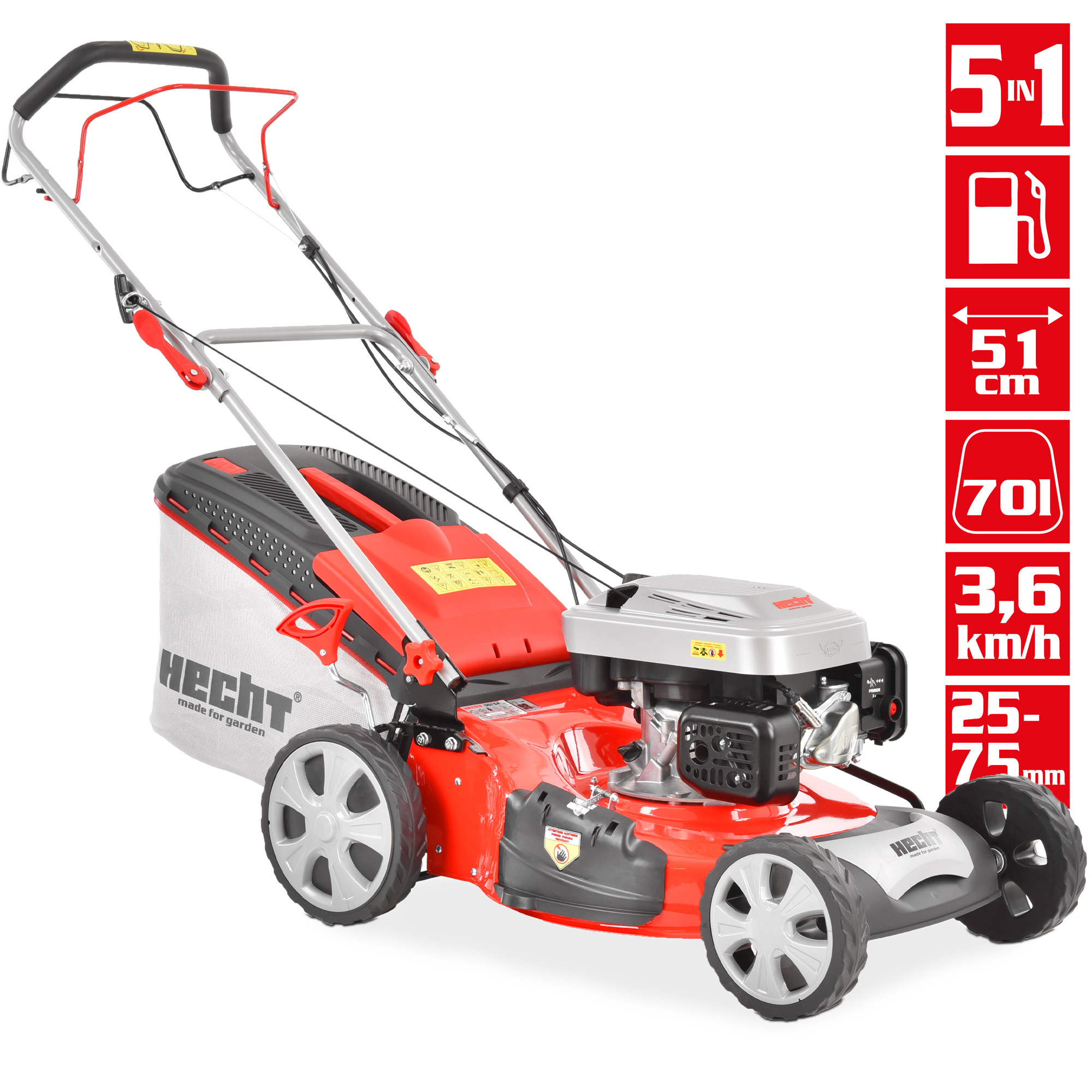 Rasenmäher Benzin Datenblatt Übersicht Icons 5-in-1 51cm 70L 3,6km/h (Dieses Bild wurde mit Hilfe von KI generiert.)
