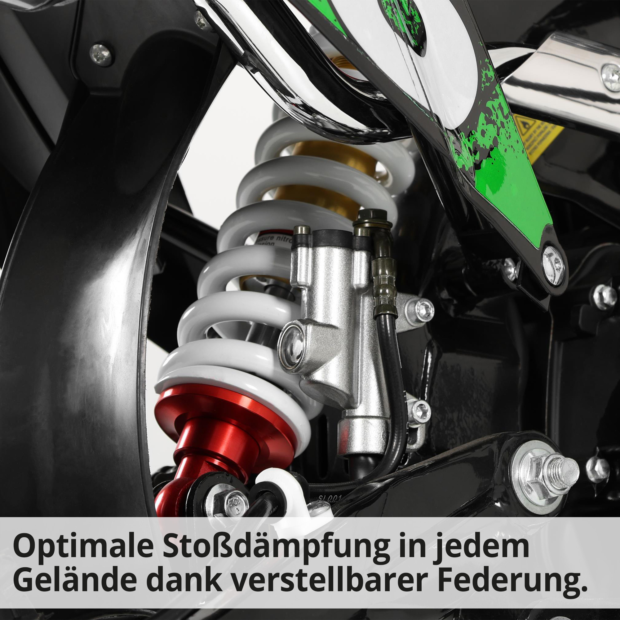 Hecht Motorcrossbike grün mit optimaler Stoßdämpfung in jedem Gelände dank verstellbarer Federung
