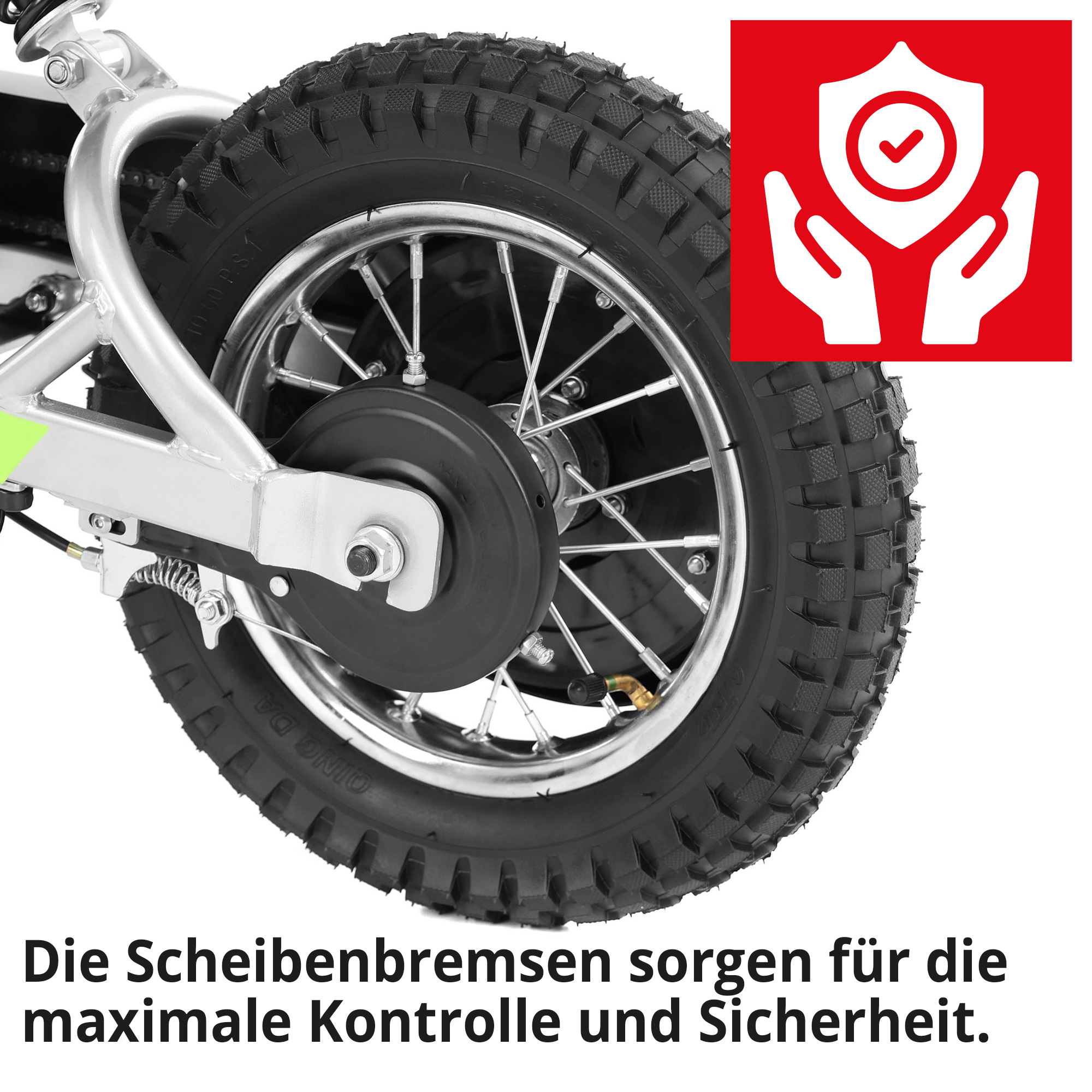 Hecht 54300 Green Pocketbike; Die Scheibenbremsen sorgen für die maximale Kontrolle und Sicherheit
