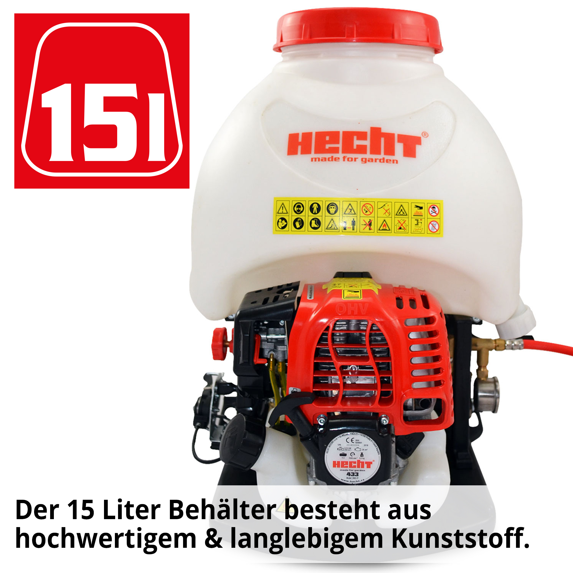 Motor Rückenspritze; Der 15 Liter Behälter besteht aus langlebigem und hochwertigem Kunststoff