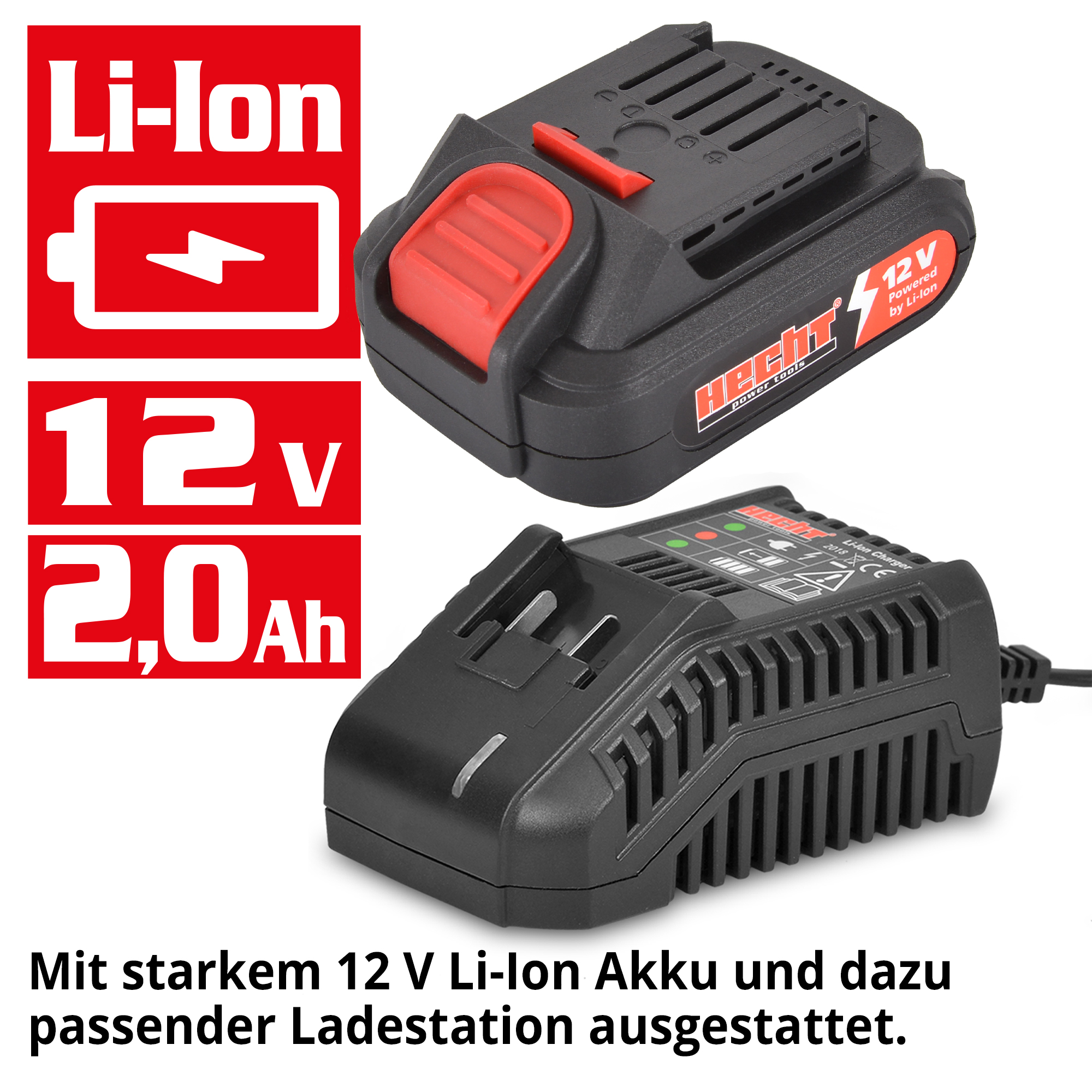 HECHT 1215 Akkuschrauber mit 12 V Li-Ion Akku und dazu passender Ladestation