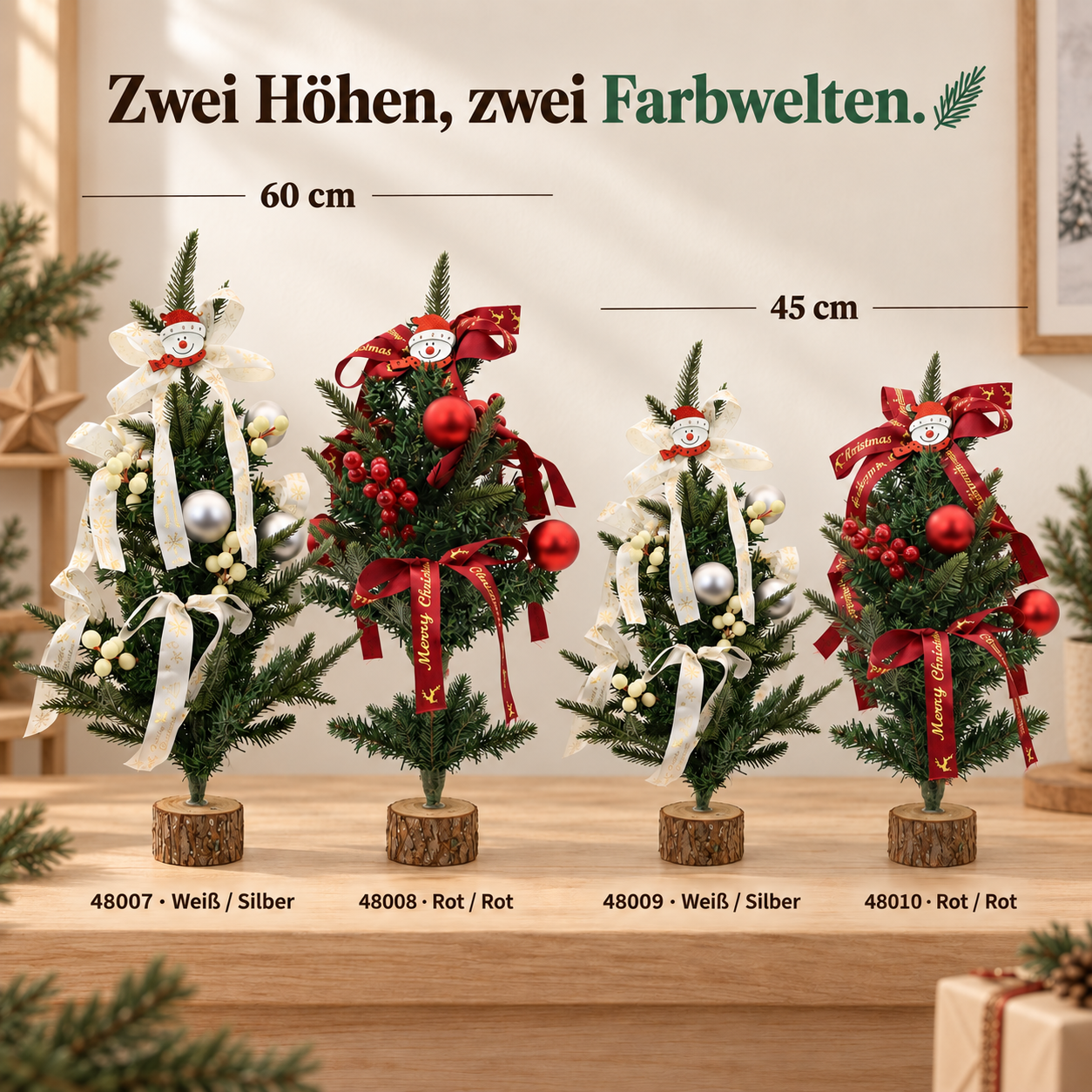 Kleine künstliche Tannen in 45cm und 60cm Höhe sowie zwei edlen Farben (Dieses Bild wurde mit Hilfe von KI generiert.)
