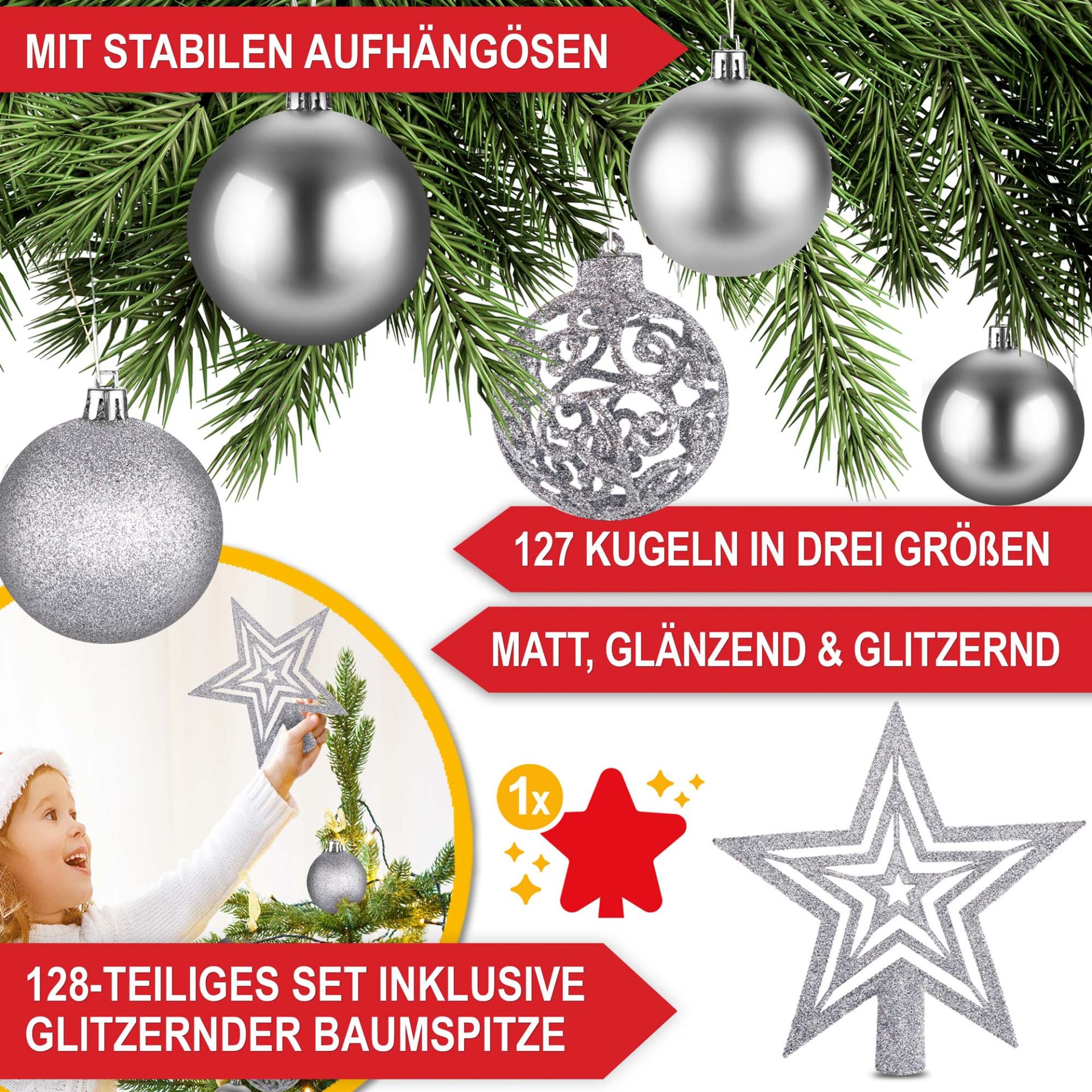 Weihnachtskugeln silber - Stabile Aufhängösen, 127 Kugeln in 3 Größen, matt, glänzend, glitzernd, inklusive Baumspitze
