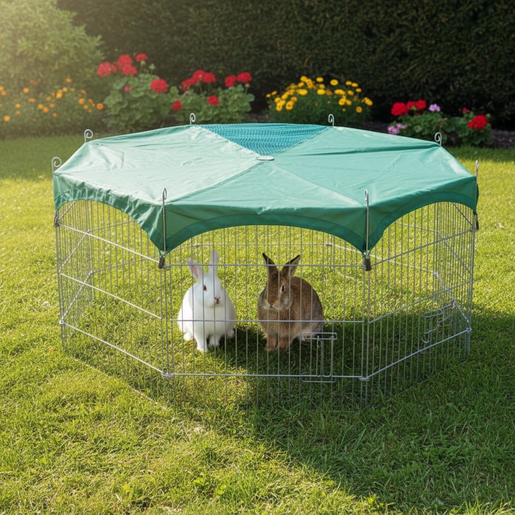 Gehege mit Netz und drei Tieren – geeignet für Hasen und kleine Hunde
