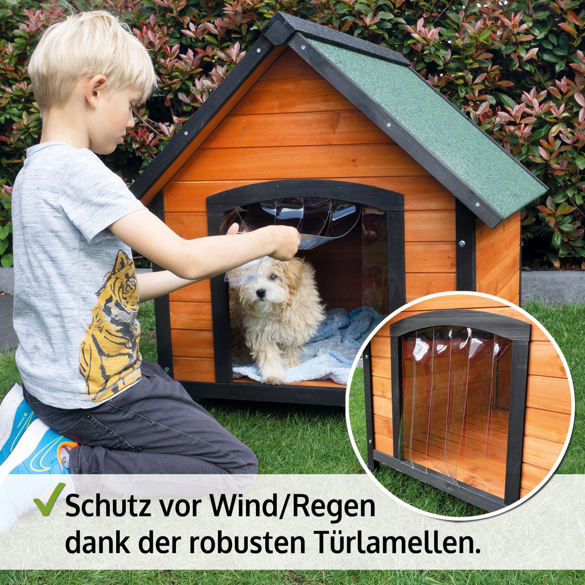 Hundehütte Luna L; durchsichtige Türlamellen, Schutz vor Wind und Regen