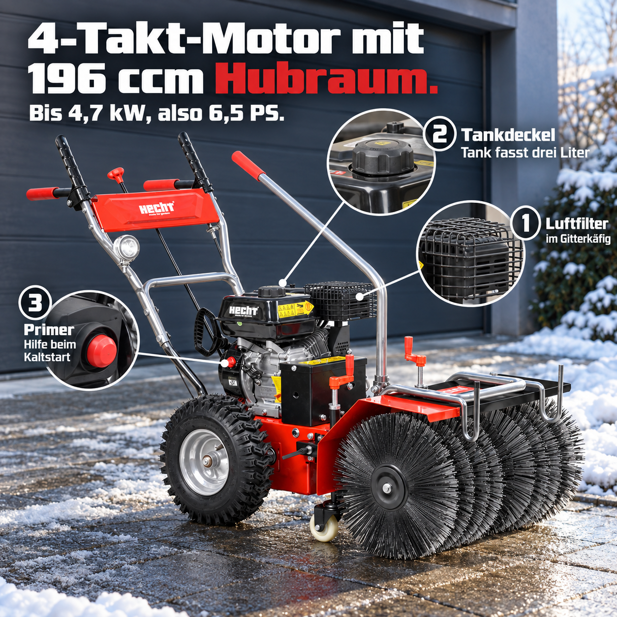 Starke HECHT Benzin-Kehrmaschine mit 196 ccm 4-Takt-Motor und 6,5 PS (Dieses Bild wurde mit Hilfe von KI generiert.)