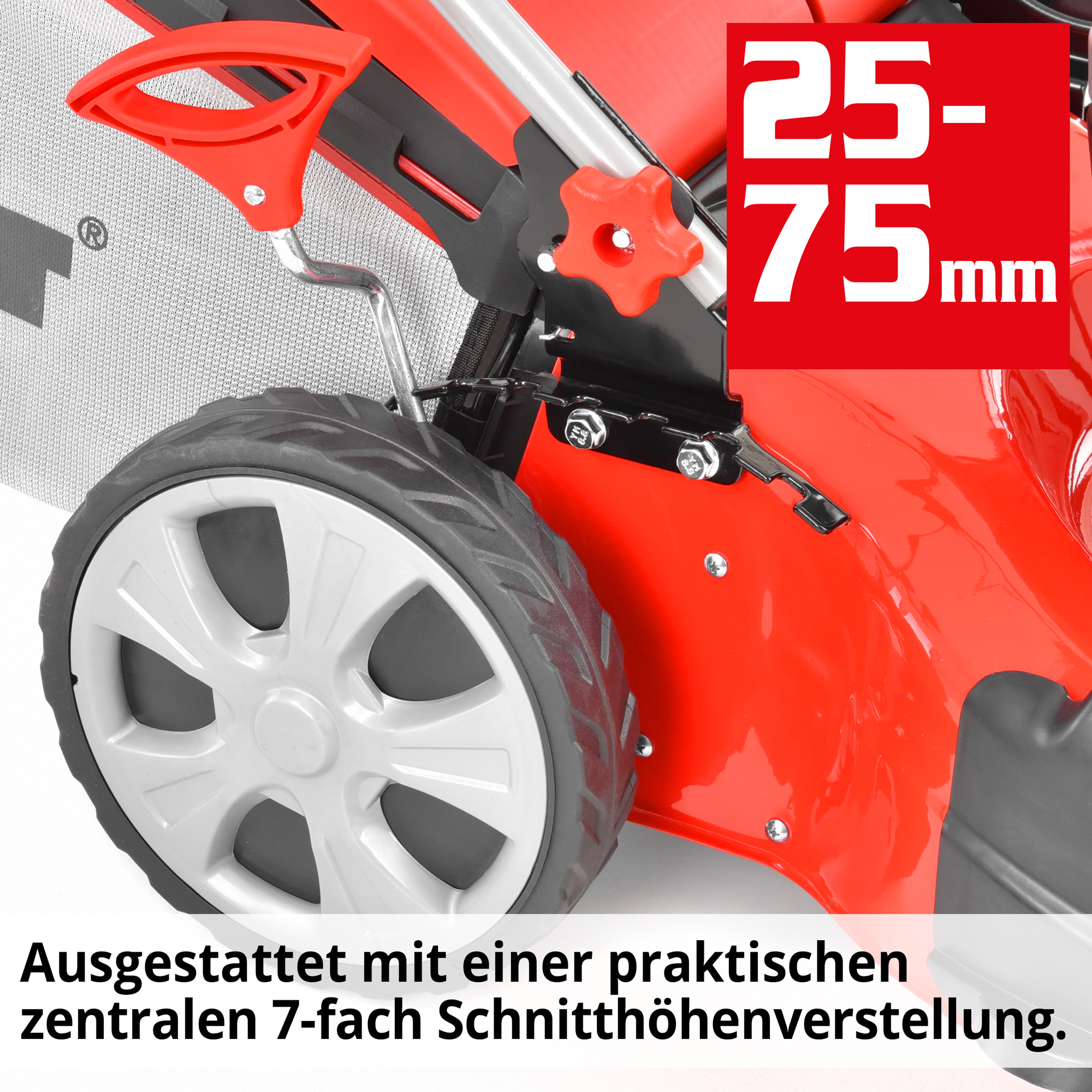 Rasenmäher Benzin Schnitthöhenverstellung zentral 7-fach 25-75 mm Hebel Hinterrad (Dieses Bild wurde mit Hilfe von KI generiert.)