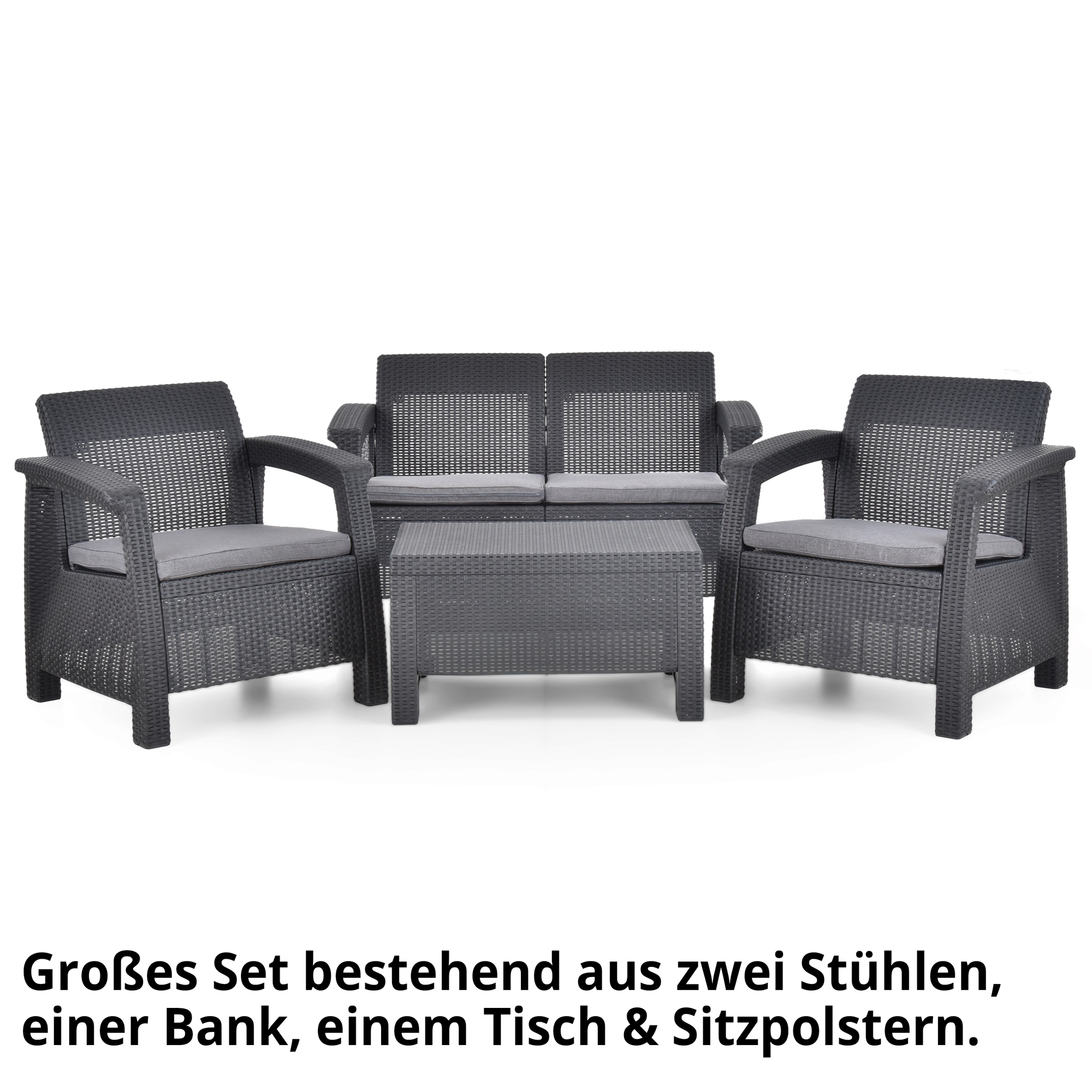 MAXI Gartensitzgruppe; großes Set besteht aus zwei Stühlen, einer Bank, einem Tisch und Sitzpolstern