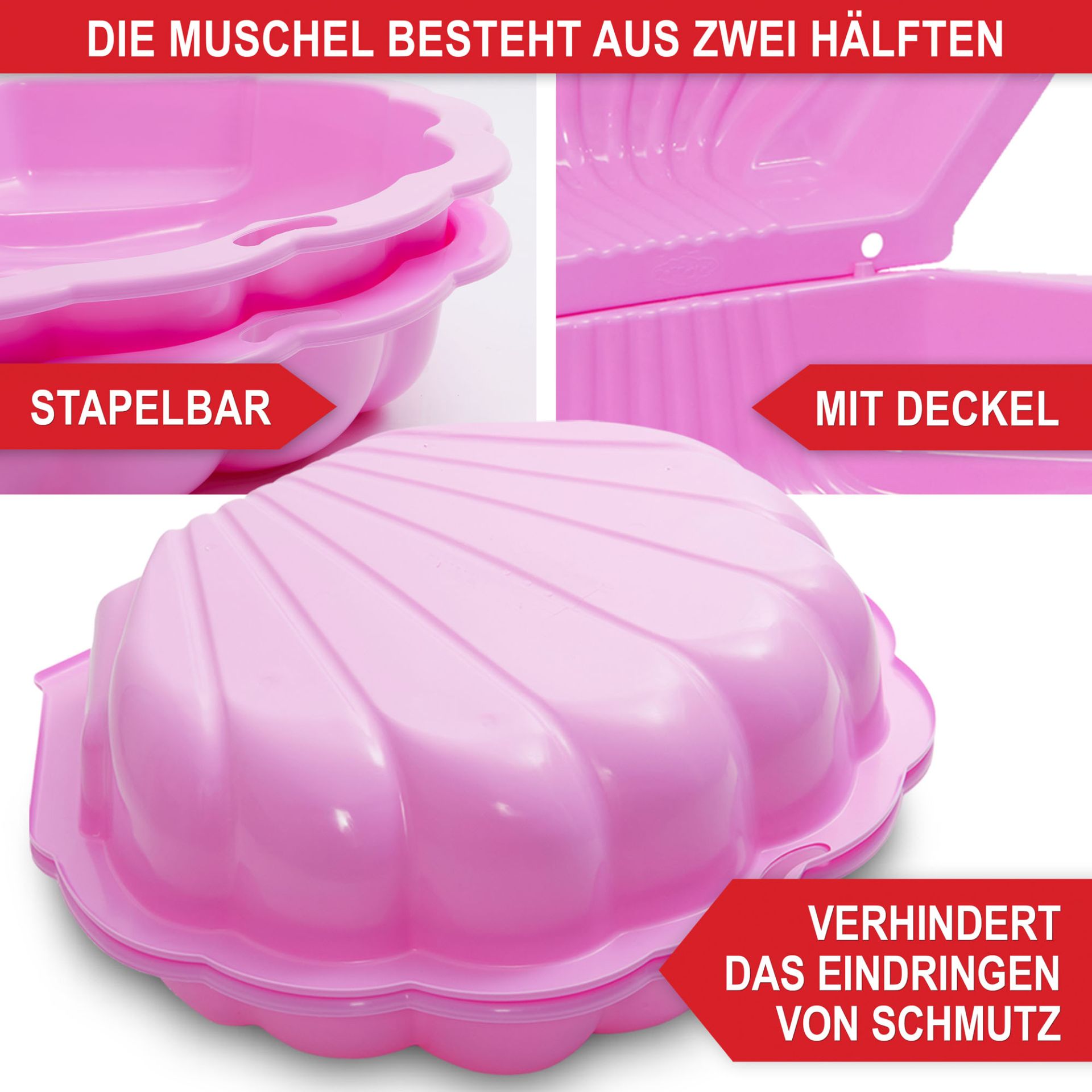 Sandkasten Muschel rosa - Die Muschel besteht aus 2 Hälften, stapelbar, mit Deckel, verhindert das Eindringen von Schmutz