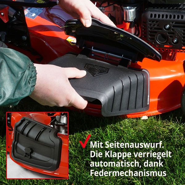 Benzin-Rasenmäher mit Seitenauswurf Klappe verriegelt Automatisch mit Federmechanismus 