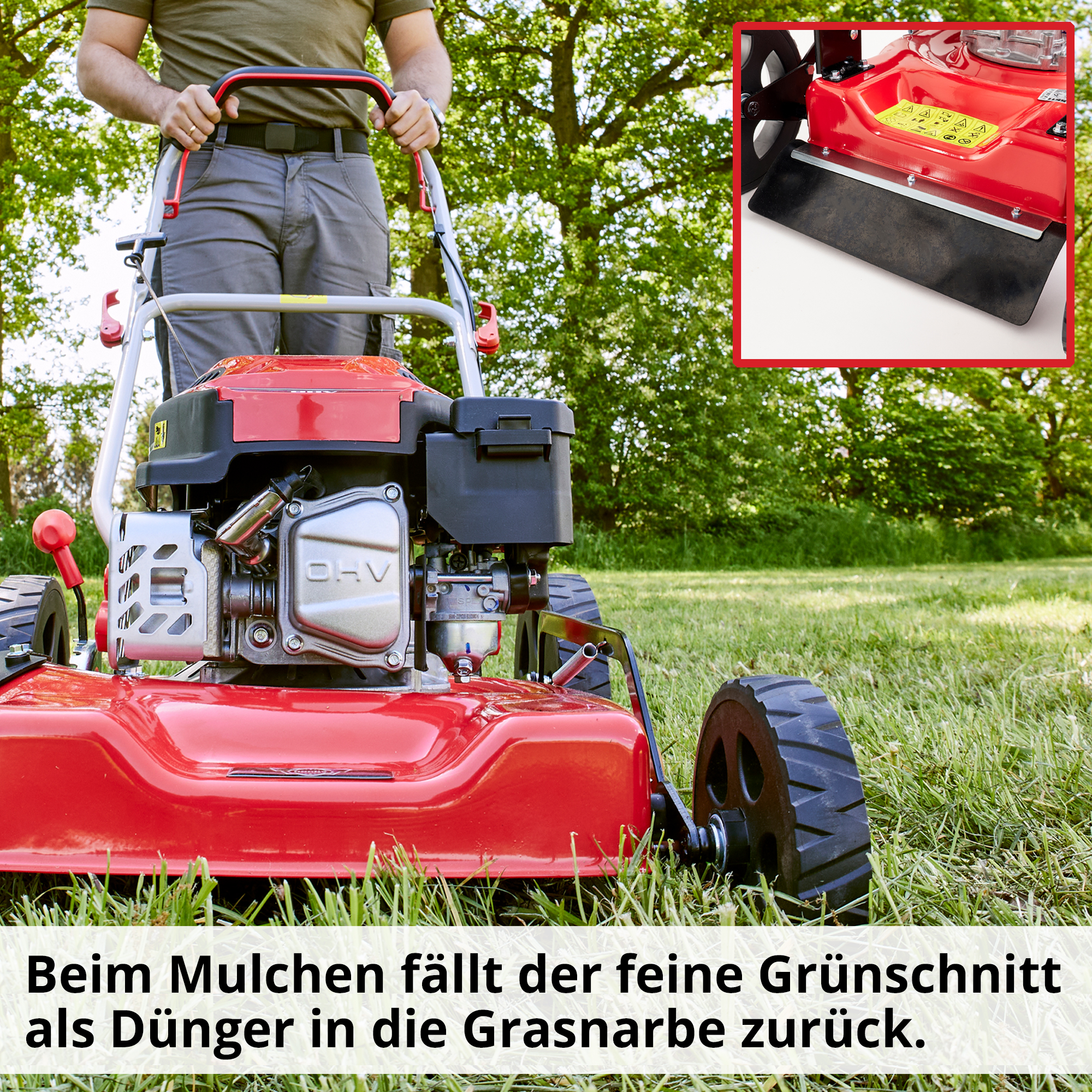 Benzin-Rasenmäher mit Mulch Funktion für einen feinen Grünschnitt Benzin-Rasenmäher mit Mulch Funktion für einen feinen Grünschnitt