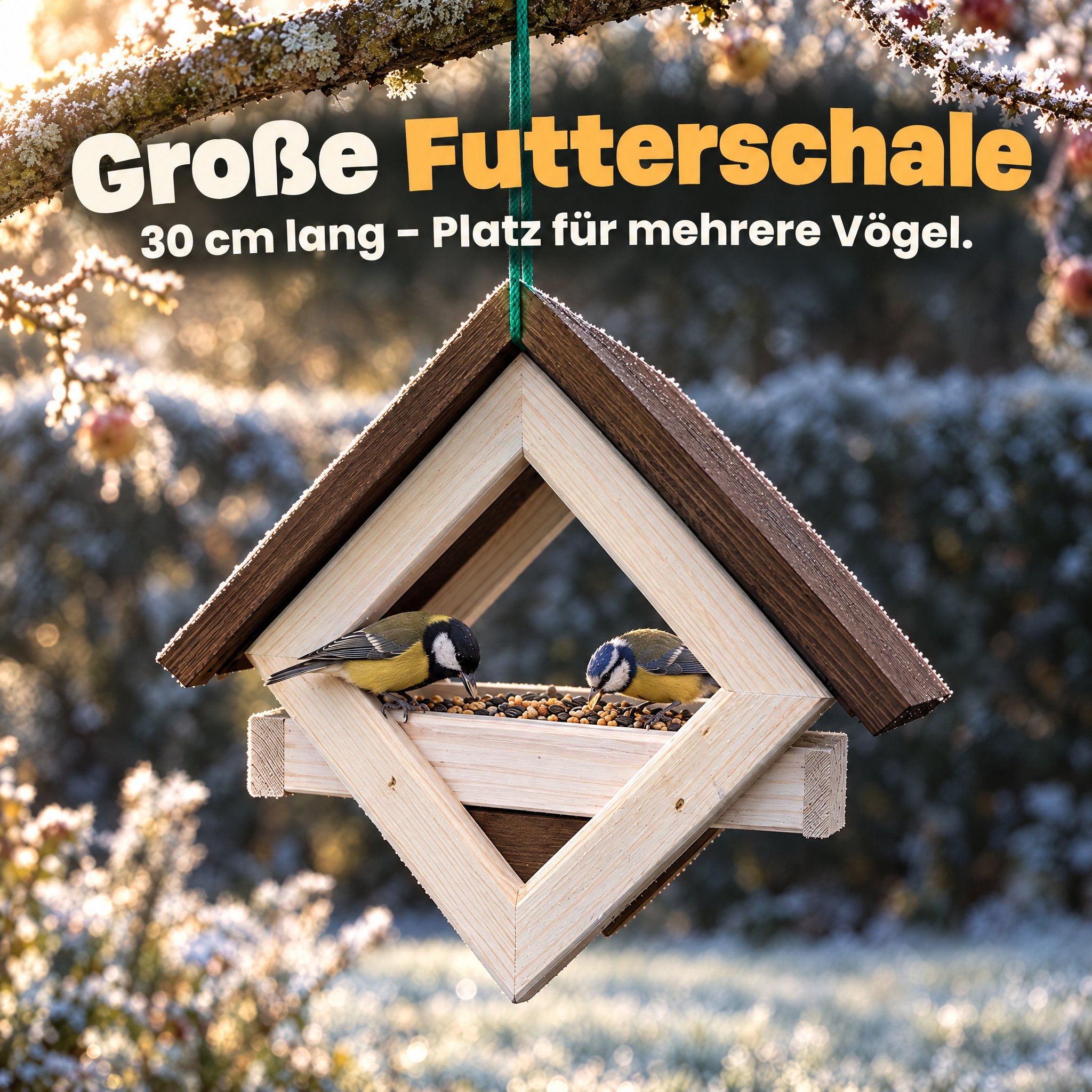 Große Futterschale Weiß-Braun: Mit 30 cm Länge viel Platz für Meisen (Dieses Bild wurde mit Hilfe von KI generiert.)